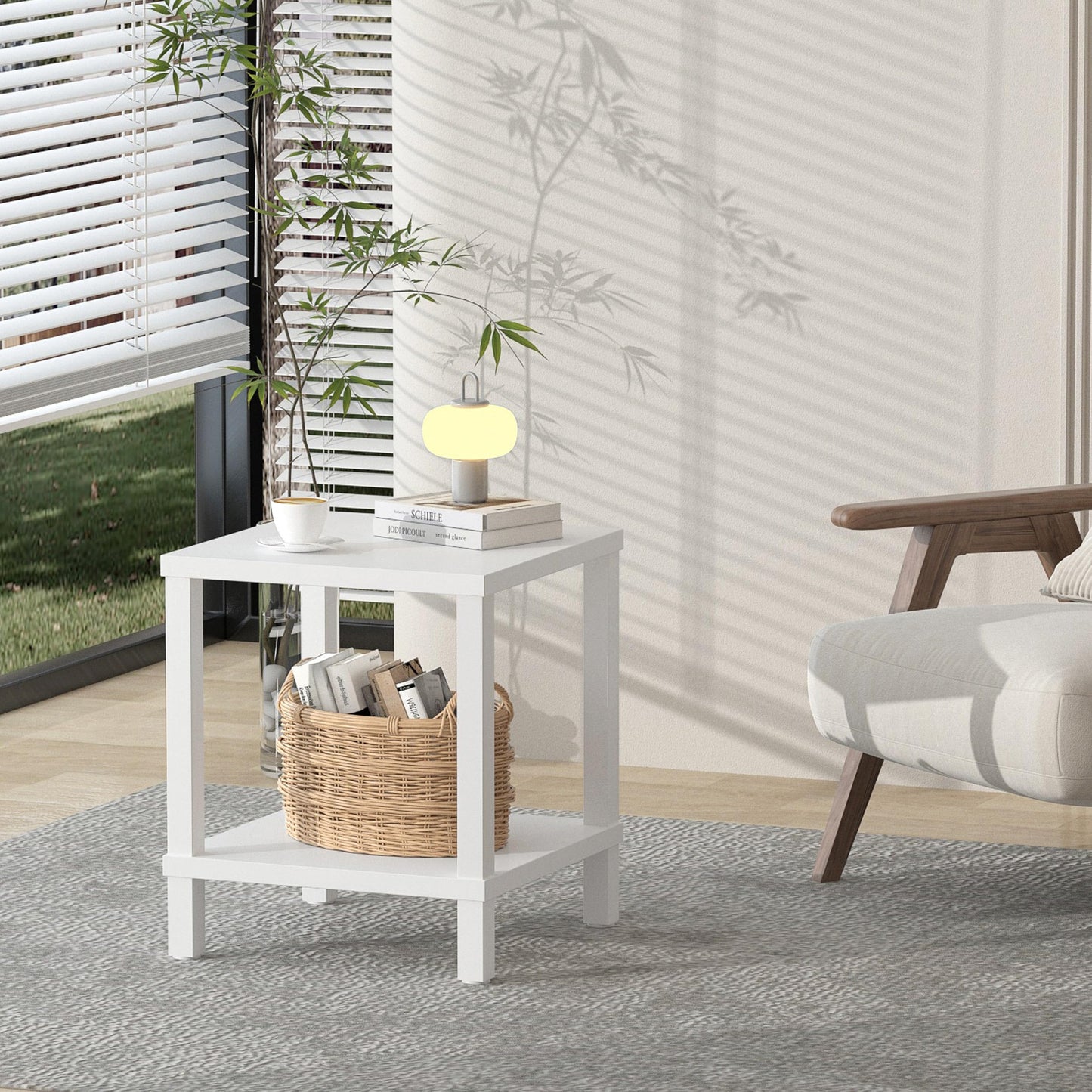 MMEOLUOOK Large End Table Square Side Table Modern Sofa Table 20 Inch Industrial Coffee Table NightStand with 2-Tier Storage Shelf for Living Room Bedroom White MLBZ06W