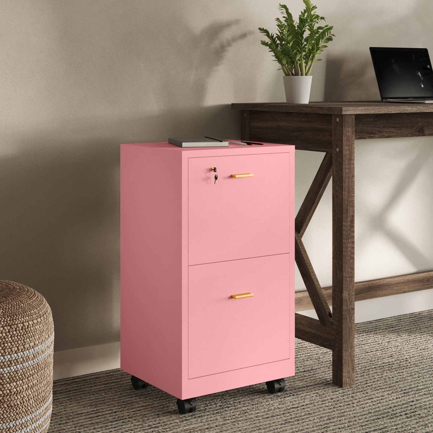 Lavish Home 2 Drawer File Cabinet - Filing Cabinet with Lock - Rolling File Cabinet for Under Desk Storage - Wood Filing Cabinet for Home or Office Organization (Pink)