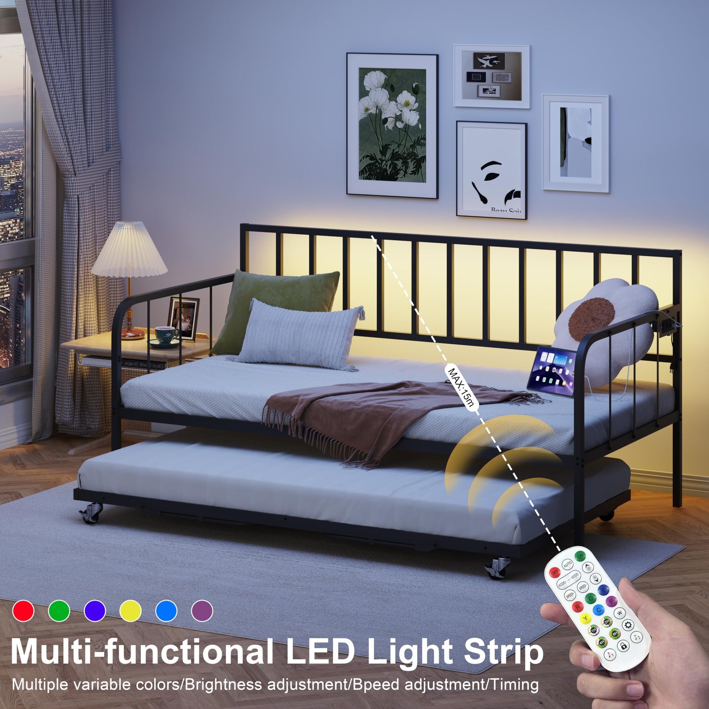 JOJOZOO Daybed with Trundle, Heavy Metal Twin Size Bed with USB Charging Station & LED Lights, Space Saving for Living Room, Bedroom, Guest Room