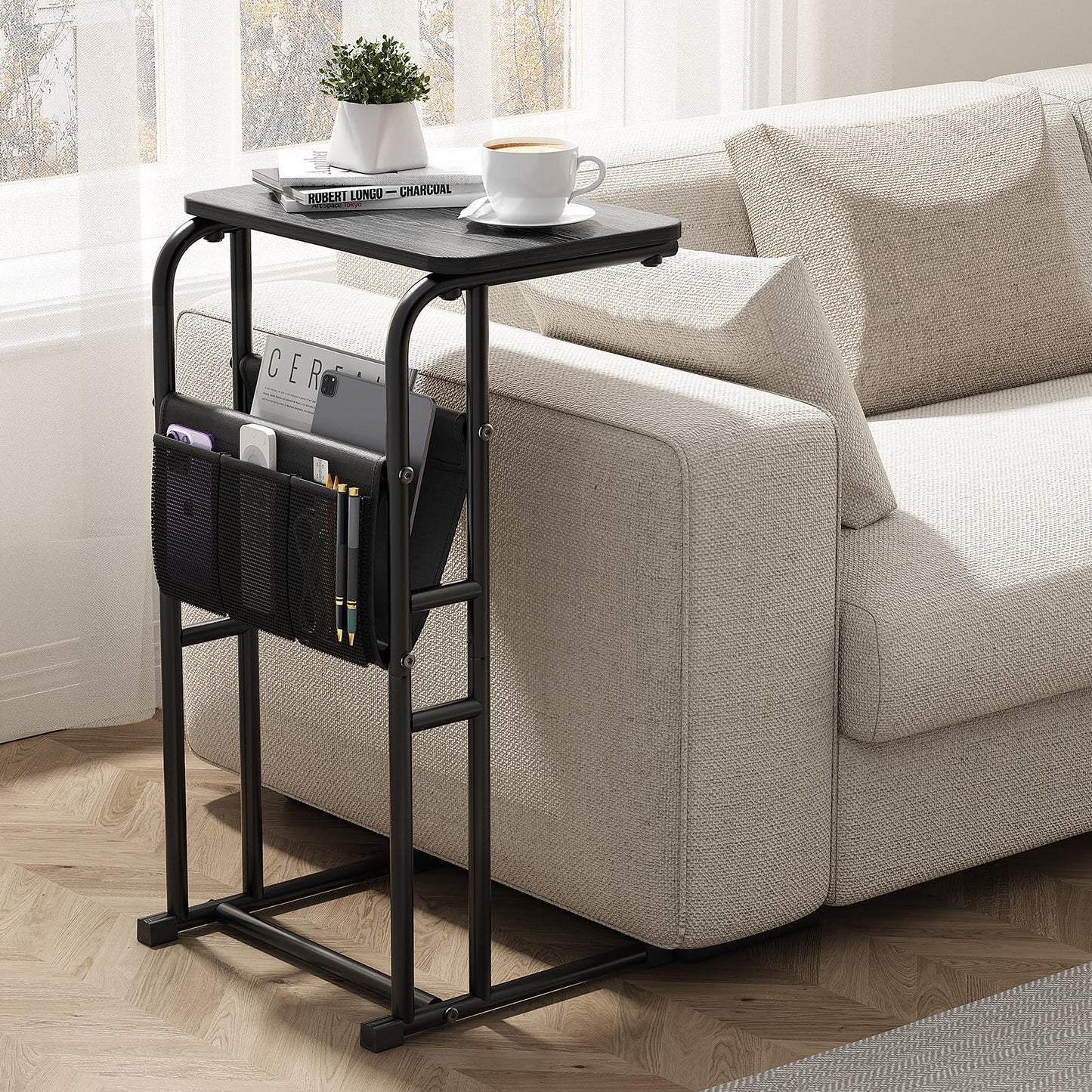 Olldide C-Shaped End Table with Storage Bag, Slide Under Couch Sofa Side Table, Metal Frame for Living Room, Bedroom, Bedside, Small Space (Black)