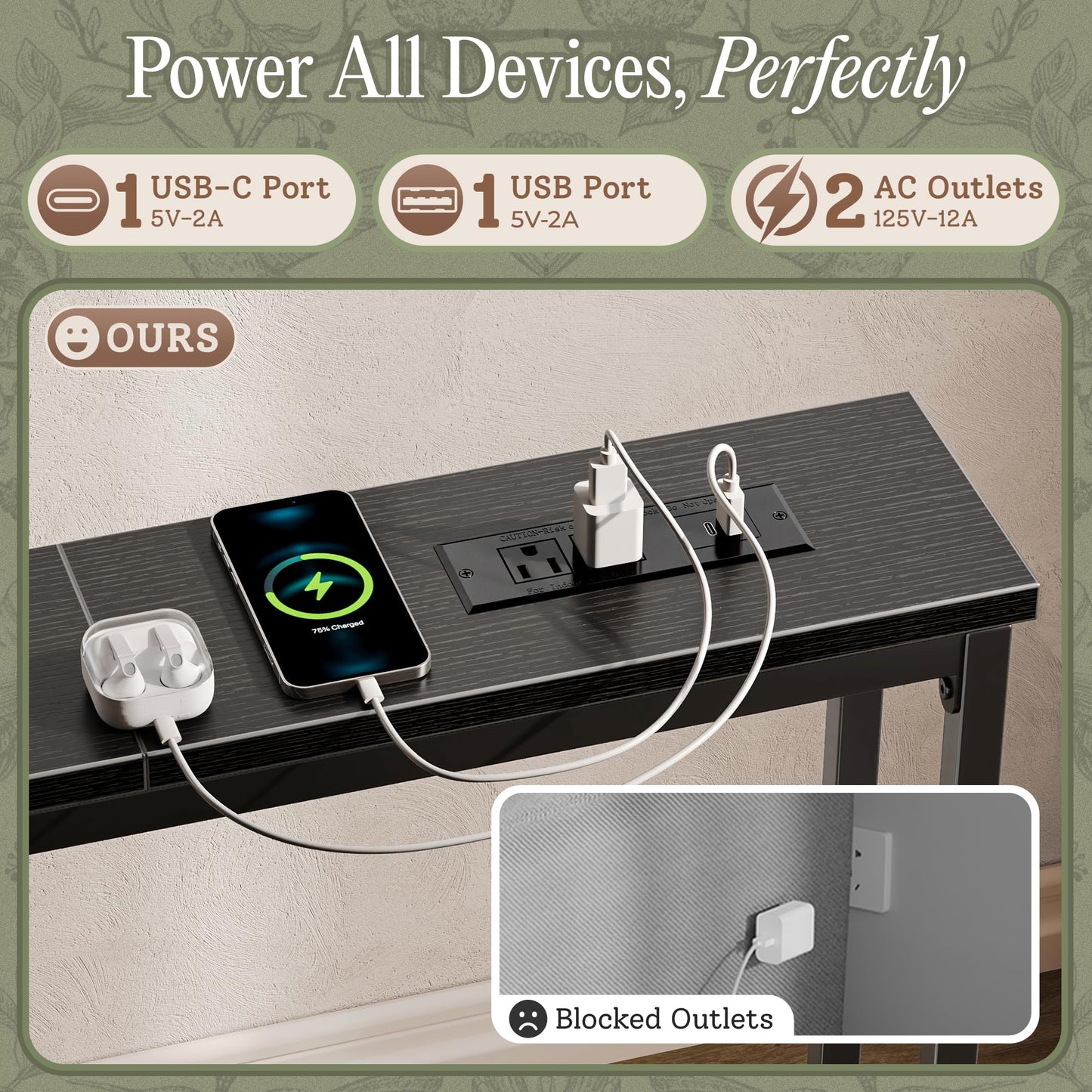 Huuger 110.2 Inch Behind Couch Table with 2 Power Outlets and USB-C Ports, Extra Long Narrow Sofa Table for Sectional Sofa, Skinny Console Table with Anti-Bump Pads, for Living Room, Black