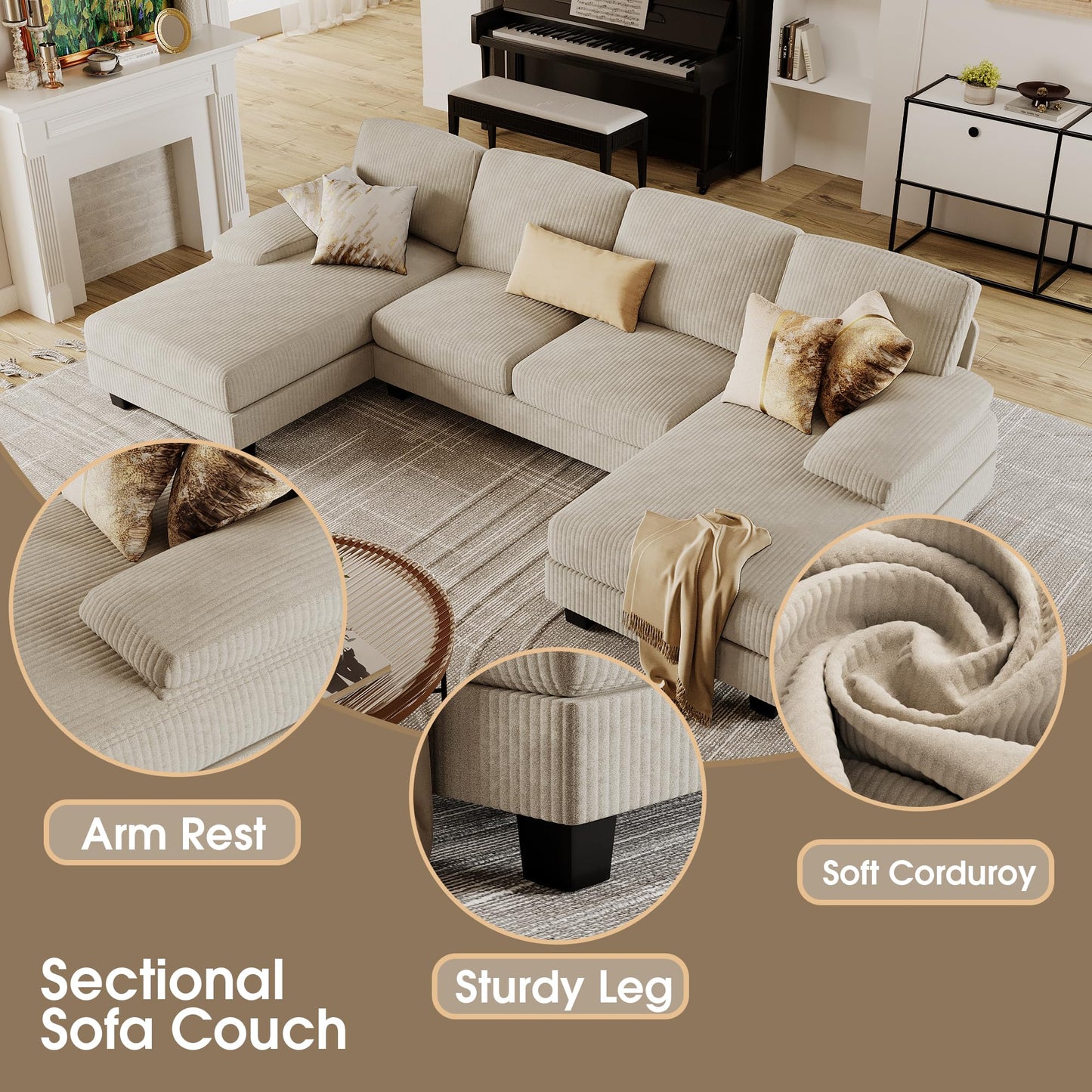 Furmax Sectional Couches for Living Room, U-Shaped Sofa Couch with Linen Fabric, 4 Seat Sofa Set with Double Chaise for Apartment (Corduroy, Beige)