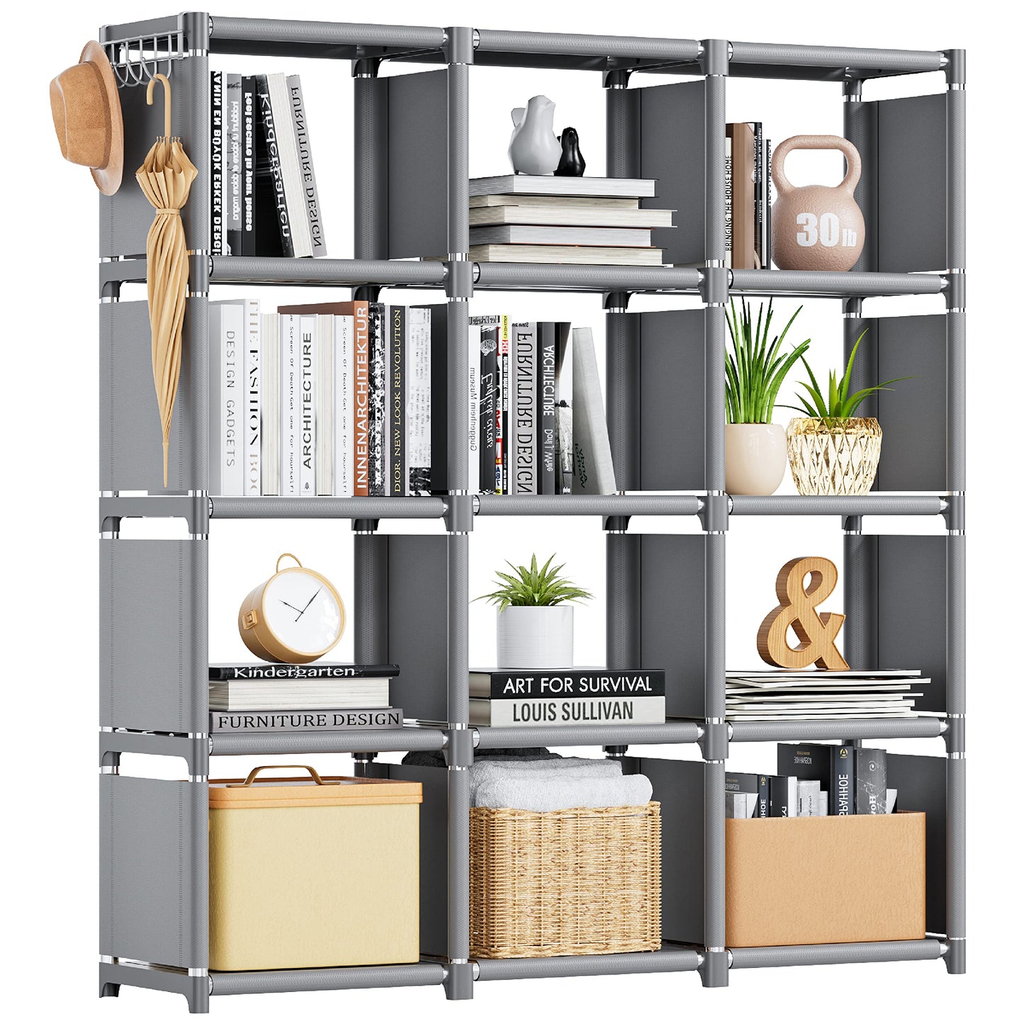 Mavivegue Book Shelf, 12 Cube Storage Organizer, DIY Bookcase, Metal Cube Bookshelf,Tall Book case for Bedroom, Living Room,Office,Closet Storage Organizer, Grey Cubicle Storage Rack