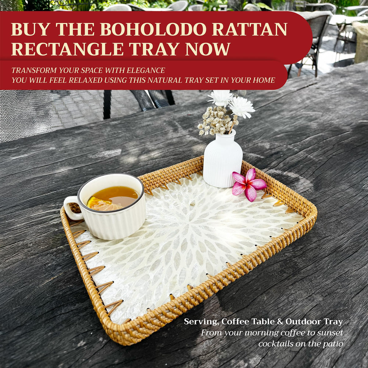 Rattan Tray Rectangle with Mother of Pearl – Unique Decorative Rattan Serving Tray for Food, Bread, Fruits, Snacks & Organizing Bathroom, Coffee Table – Christmas & Housewarming Gift (White 13.3"x9.4)
