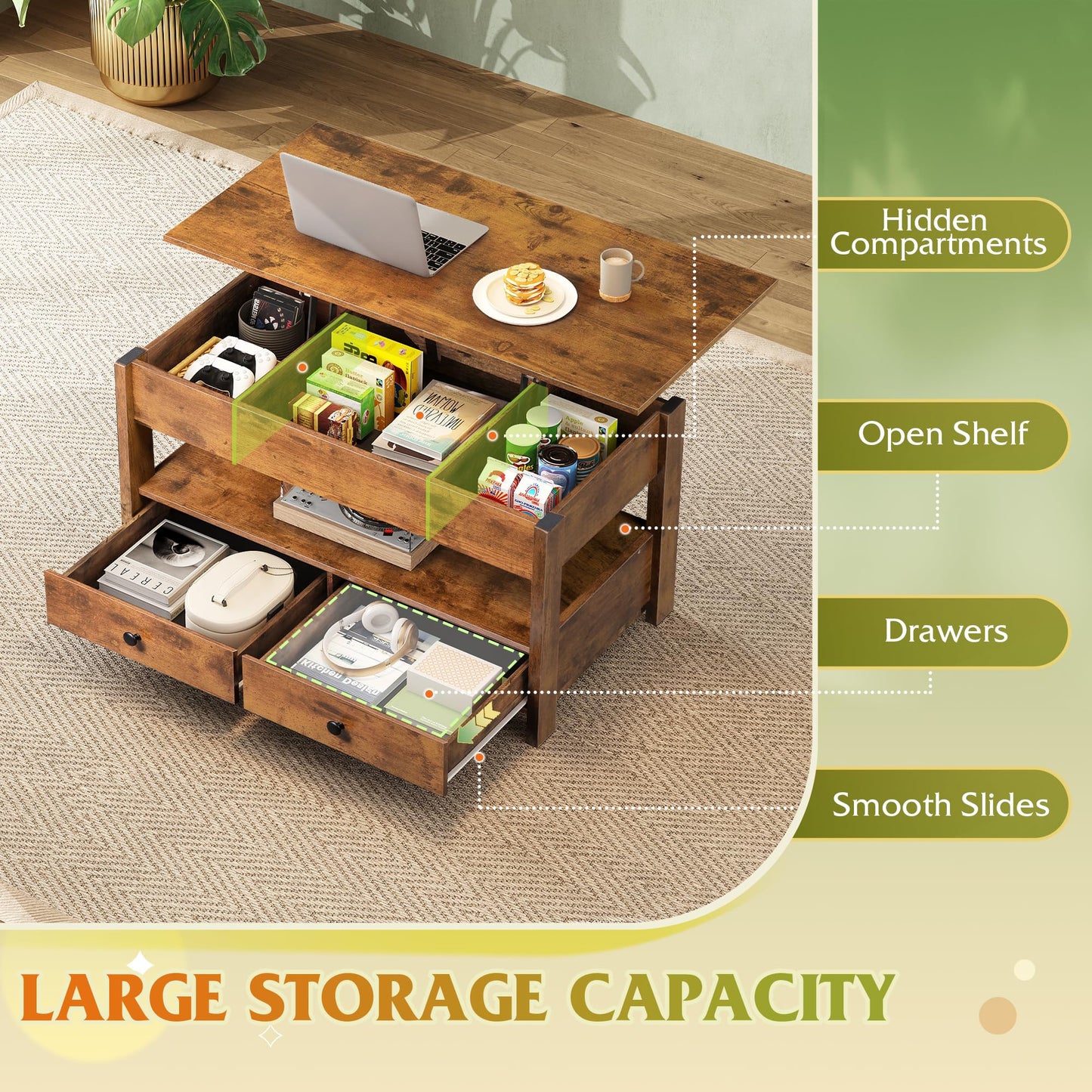 WLIVE Coffee Table, Lift Top Coffee Table with 2 Drawers, Large Hidden Compartment and Open Storage Shelf, Lift Tabletop, Dining Table for Living Room, Rustic Brown