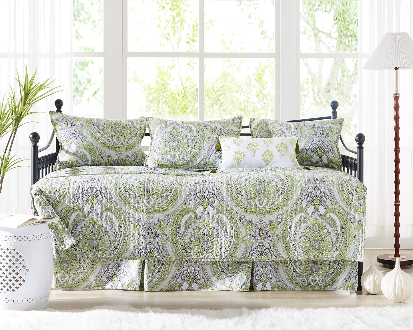 Southshore Fine Living, Inc. Twin Daybed Comforter Set, 6-Piece Boho Bedding Set with Daybed Cover, 3 Pillow Shams, Bed Skirt, Throw Pillow - Twin Day Bed Quilt Set, Pure Melody Green
