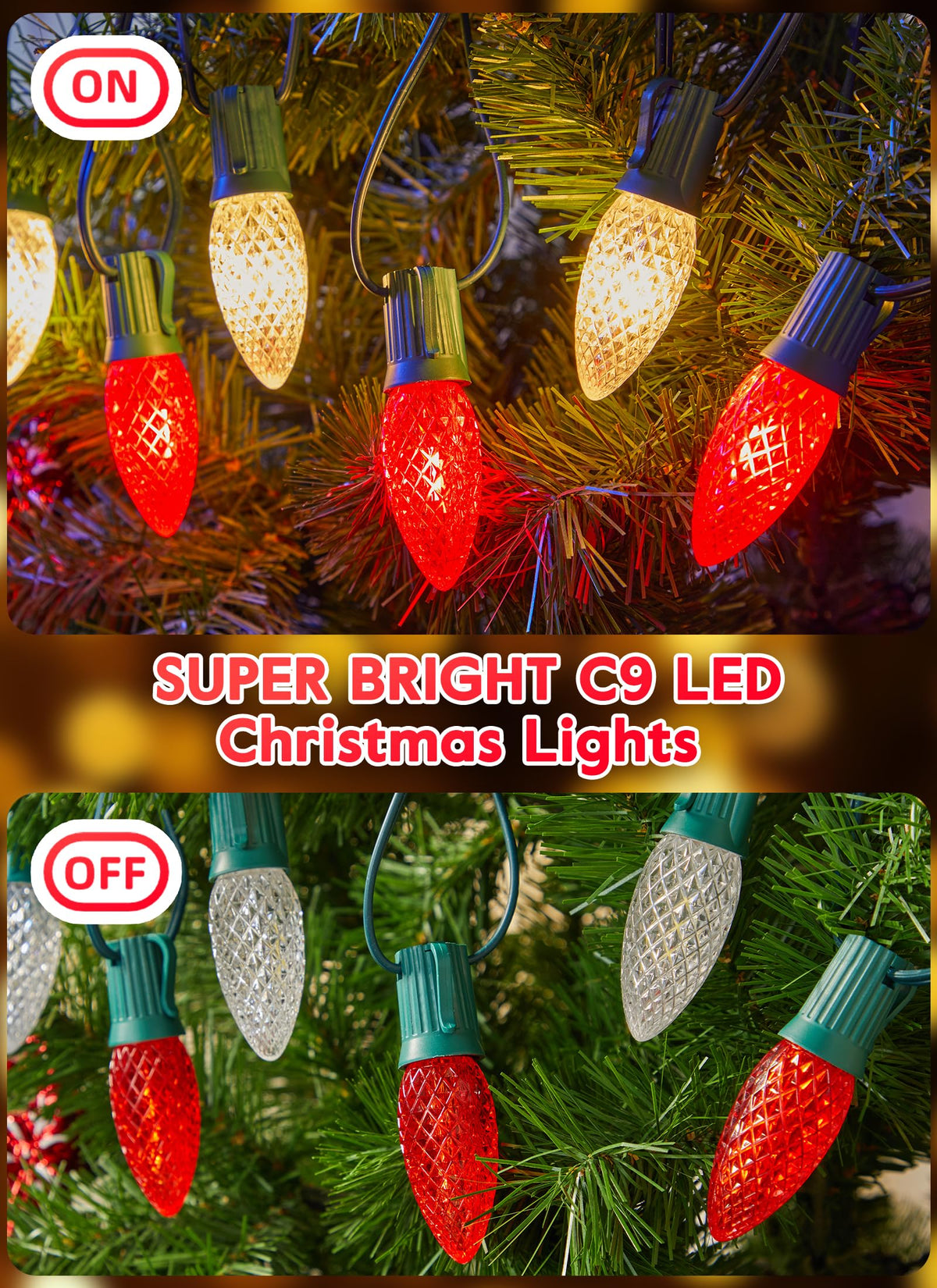 100 Feet Led Christmas Lights, Red and Warm White C9 Christmas String Lights Outdoor, 100 Strawberry Bulbs Connectable UL Certified for Indoor Outdoor Roofline Patio Holiday Party Backyard Decor