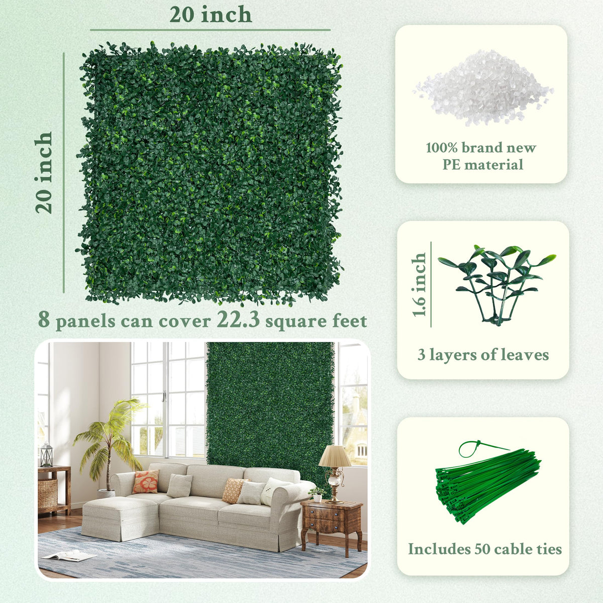 ODTORY Artificial Boxwood Wall Panels 20x20 inch 8Pcs, UV-Anti Faux Greenery Grass Hedge for Privacy Screen，Fake Ivy Plant Fence for Outdoor Garden, Backyard, Balcony, and Indoor Home Decoration