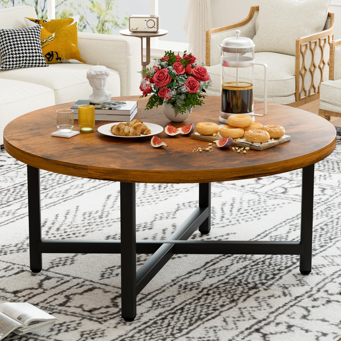 FURMORENE Coffee Table, 31.5" Large Coffee Tables, Brown Round Coffee Tables for Living Room, Floor Table for Sitting on The Floor, Center Coffee Table with Metal Frame for Office Apartment Home