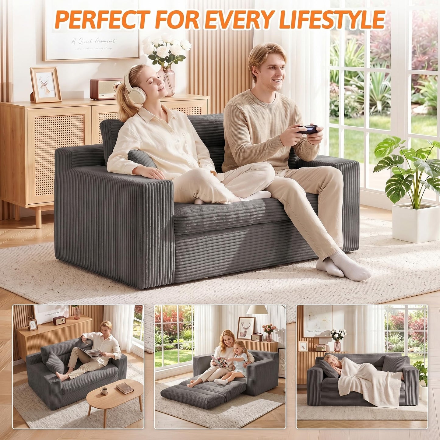 Erament Boneless Loveseat Sofa Couch, 2 in 1 Convertible Sofa Bed with Pillows, Fold Out Bean Bag Chair Boneless Floor Couch for Living Room Bedroom Office Lounge Apartment, No Assembly Needed, Grey