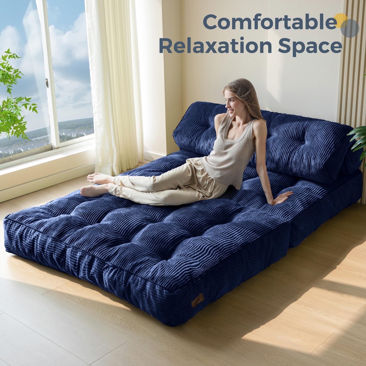 MAXYOYO Folding Sofa Bed, Convertible Chair with Pillow Foldable Couch with Back Support, Portable Fold Out Chair Bed Comfy Floor Sofa Lounge for Living Room Bedroom, Navy Double
