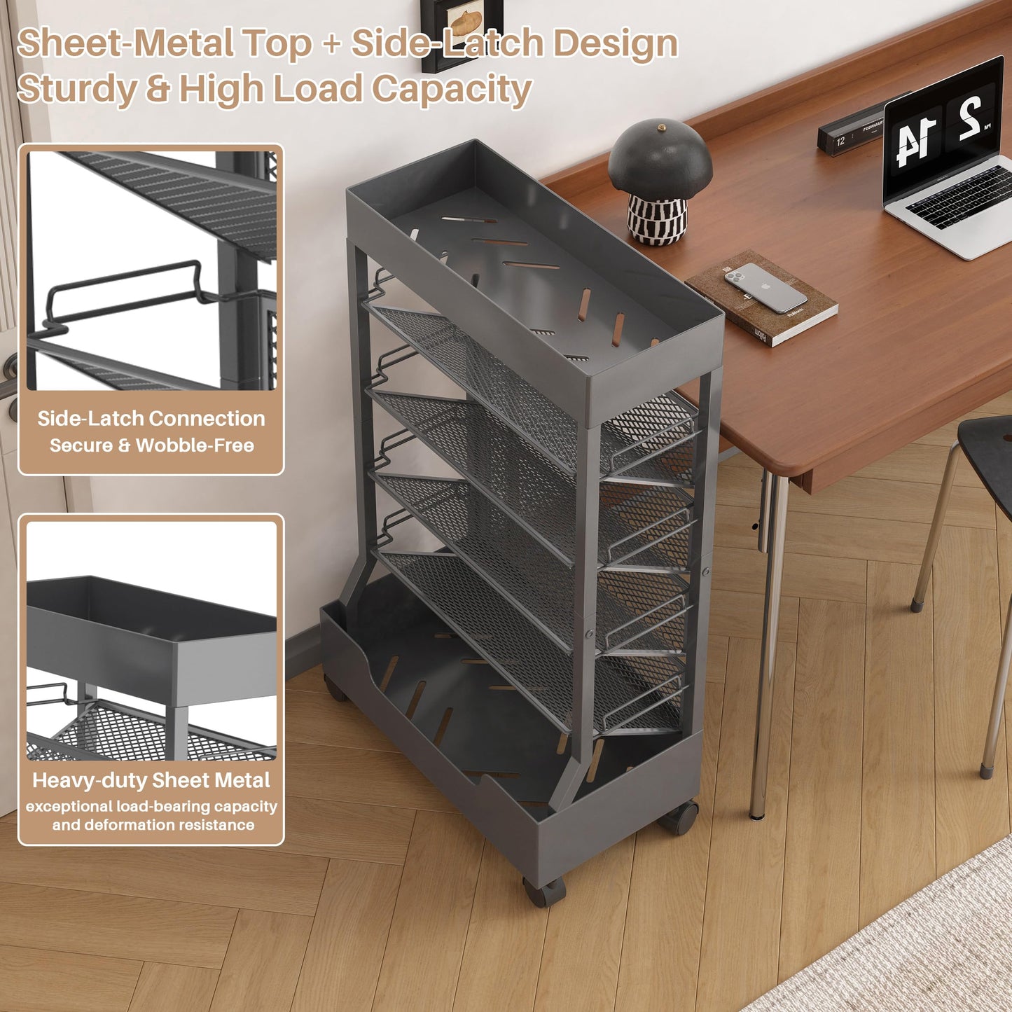 UMDONX Modern Mobile Book Cart Single-Sided Rolling Bookshelf with Metal Top & Base, Premium Snap-in Shelves, Heavy Duty & Elegant Storage for Home Study, Office, Classroom Gunmetal Gray