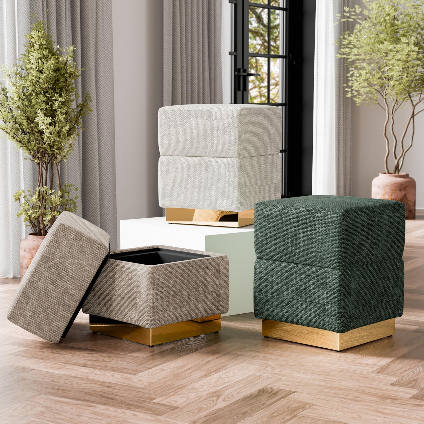 Furniture of America Renzo Modern 15-inch Chenille Cube Ottoman with Storage Compartment and Stainless Steel Base, Vanity Stool Chair, Small Foot Stool for Bedroom, Living Room, Entryway, Beige