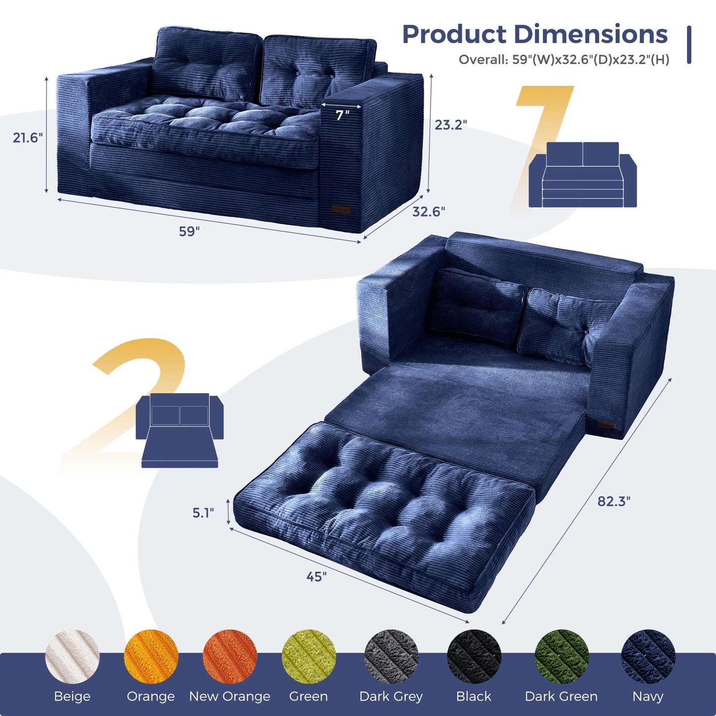 MAXYOYO Convertible Sofa Bed, Pull Out Loveseat Sofa Couch, 2 in 1 Folding Couch Bed, Fold Out Floor Couch with Pillows for Living Room Lounge, Navy