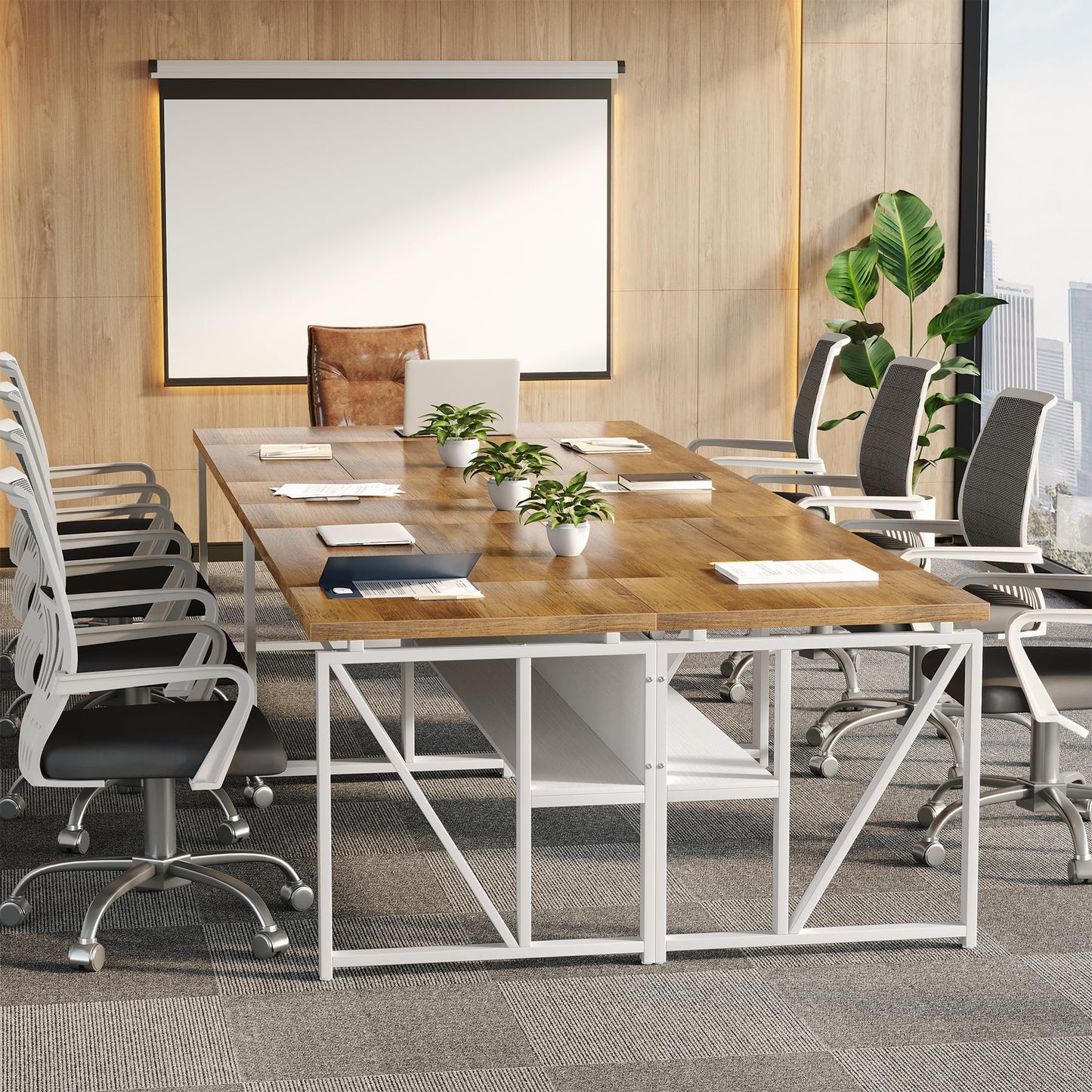 LITTLE TREE 63-Inch Executive Office Desk, Large Computer Desk with Storage Shelf, Executive Desk with Metal Frame, Thickened Desktop, Study Writing Desk Work Station for Home Office, Rustic + White