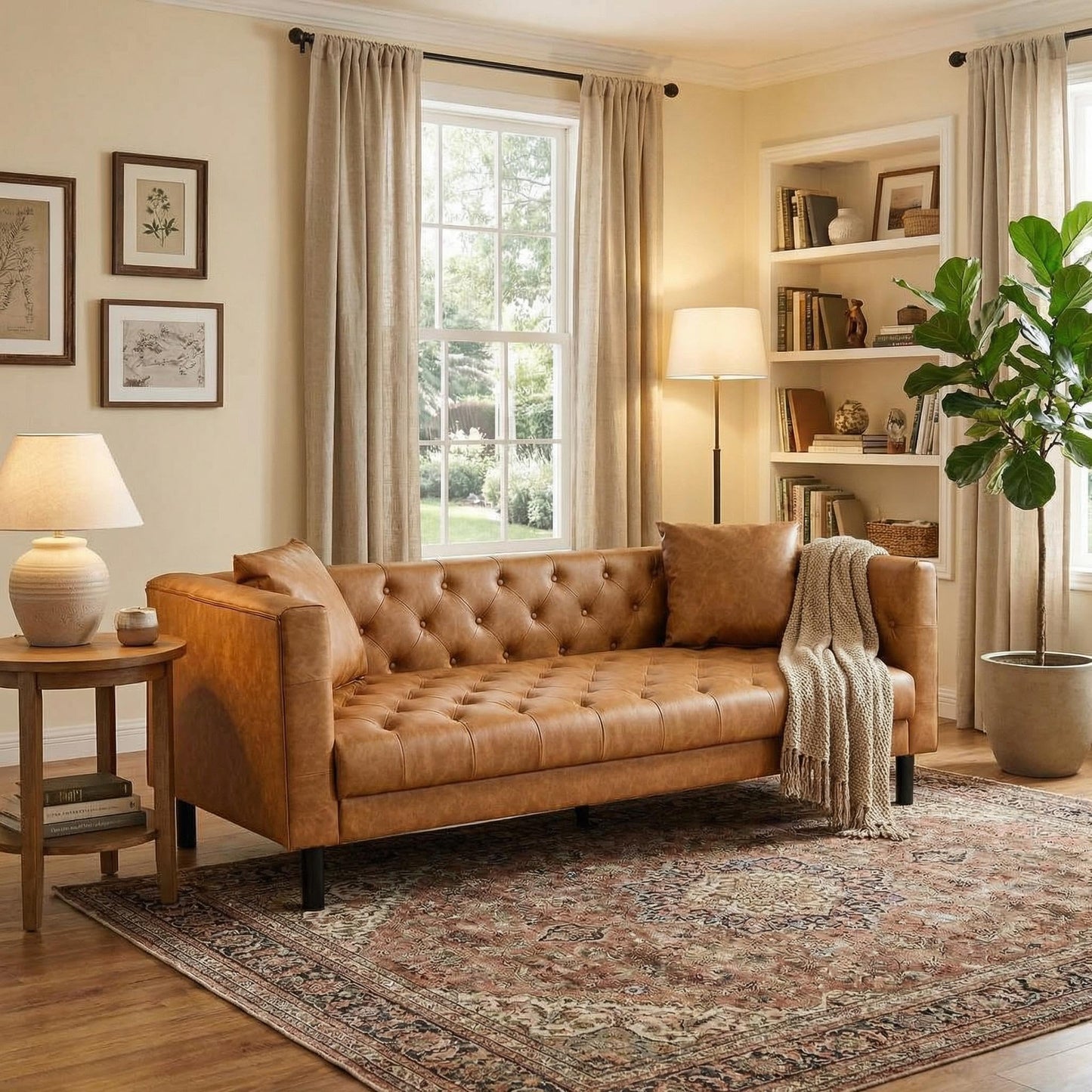 GarveeLife 81" Mid Century Modern Leather Sofa, 3 Seater Chesterfield Couch with Button Tufted Back & Deep Seat, Living Room Sofa for Apartment or Office, Orange
