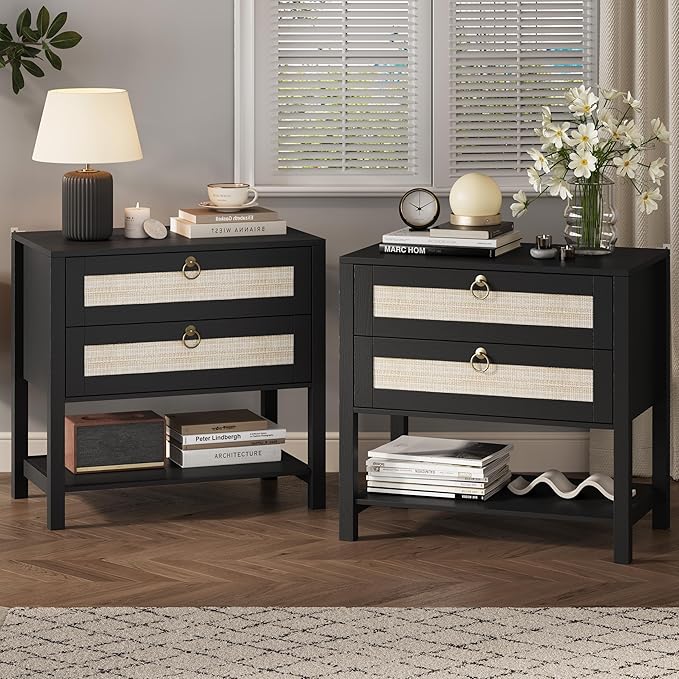 Xixini Nightstand Set of 2, Rattan Boho Bedside Table