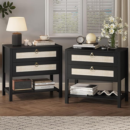 Xixini Nightstand Set of 2, Rattan Boho Bedside Table