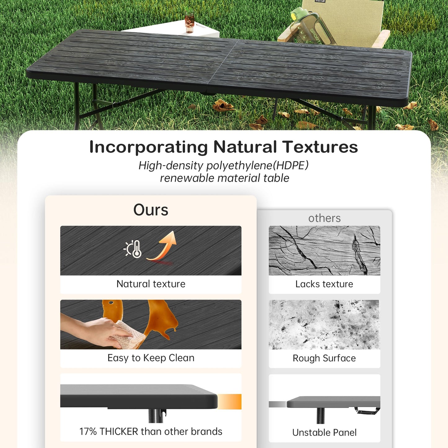 VSOAEIL Folding Table 6 Foot for Indoor Outdoor, Portable Heavy Duty Fold-in-Half Utility Plastic Foldable Dining Table with Carrying Handle for Picnic, Camping and Party, Matte Black