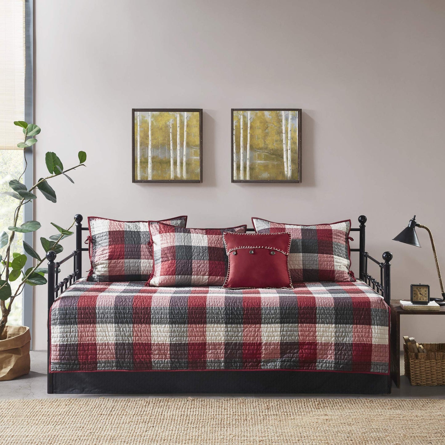 Madison Park Daybed Cover Double Sided Quilting Casual Design All Season Bedding Set with Bedskirt, Matching Shams, Decorative Pillow, 75 in x 39 in, Ridge, Plaid Red