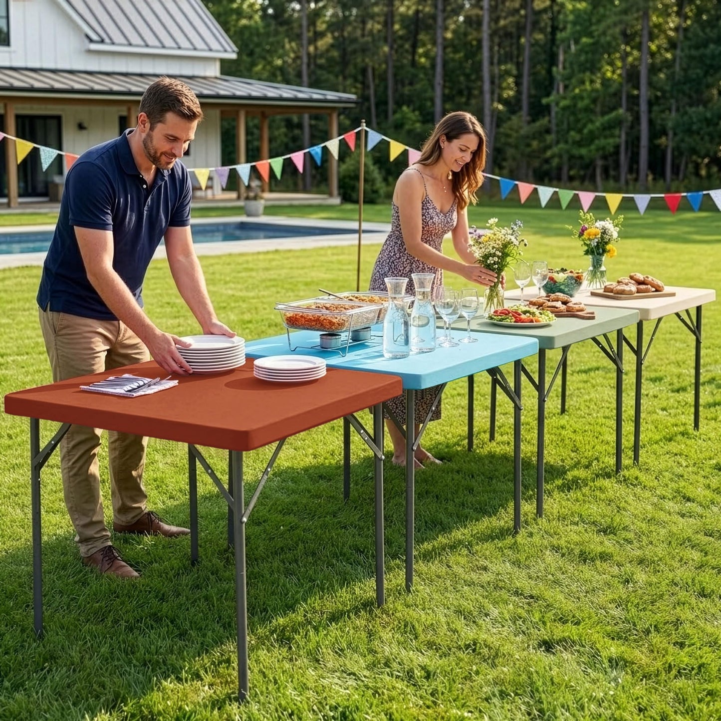 Enjoyidea Square Fitted Tablecloth 34x34 Inch-2 Pack Light Blue Card Elastic Spandex Table Cover-Small Stretch Folding Table Cloths Topper Cap for Kitchen Dining Picnic Patio Outdoor Party Tables