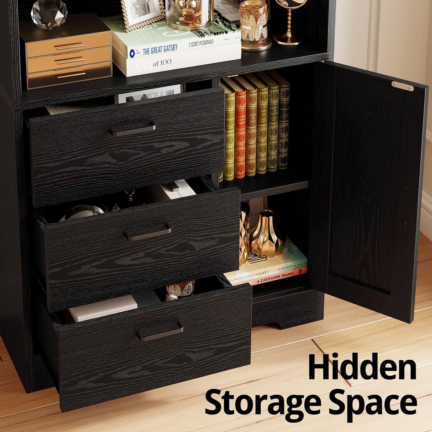 IRONCK Bookshelf with Doors and 3 Drawers 71 in Tall Bookcase with 3-Tier Shelves, Industrial Book Shelf with Storage for Living Room Entrance Hallway Home Office, Black