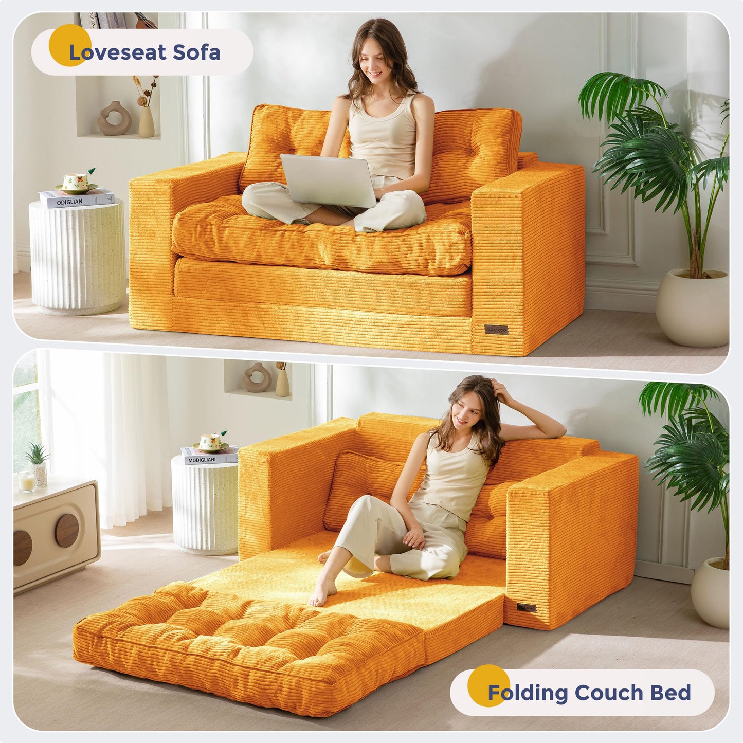 MAXYOYO Convertible Sofa Bed, Pull Out Loveseat Sofa Couch, 2 in 1 Folding Couch Bed, Fold Out Floor Couch with Pillows for Living Room Bedroom Lounge, Orange