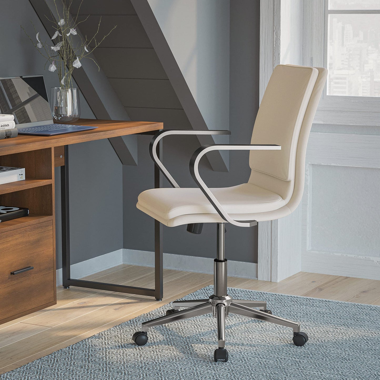 Flash Furniture James Mid-Back Designer Executive Office Chair - Taupe LeatherSoft Upholstery - Brushed Chrome Base and Arms - Height Adjustable 360° Swivel Seat