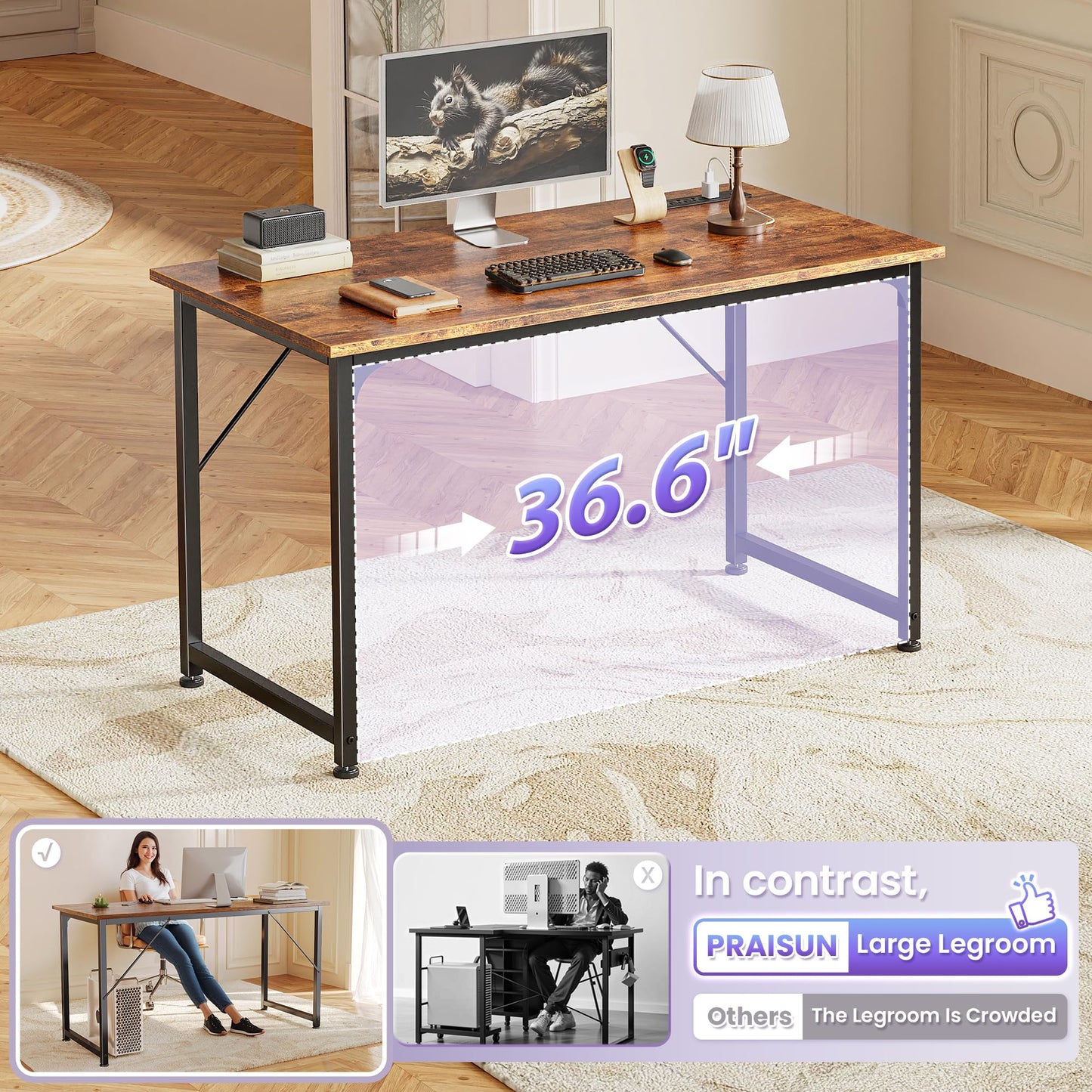 PRAISUN 40 X 20 Inch Computer Desk with Power Outlets and USB-C Port, Gaming Office Desk with Deeper Desktop, Writing Work Desk for Home Office, Study, Bedroom, Metal Frame, Rustic Brown