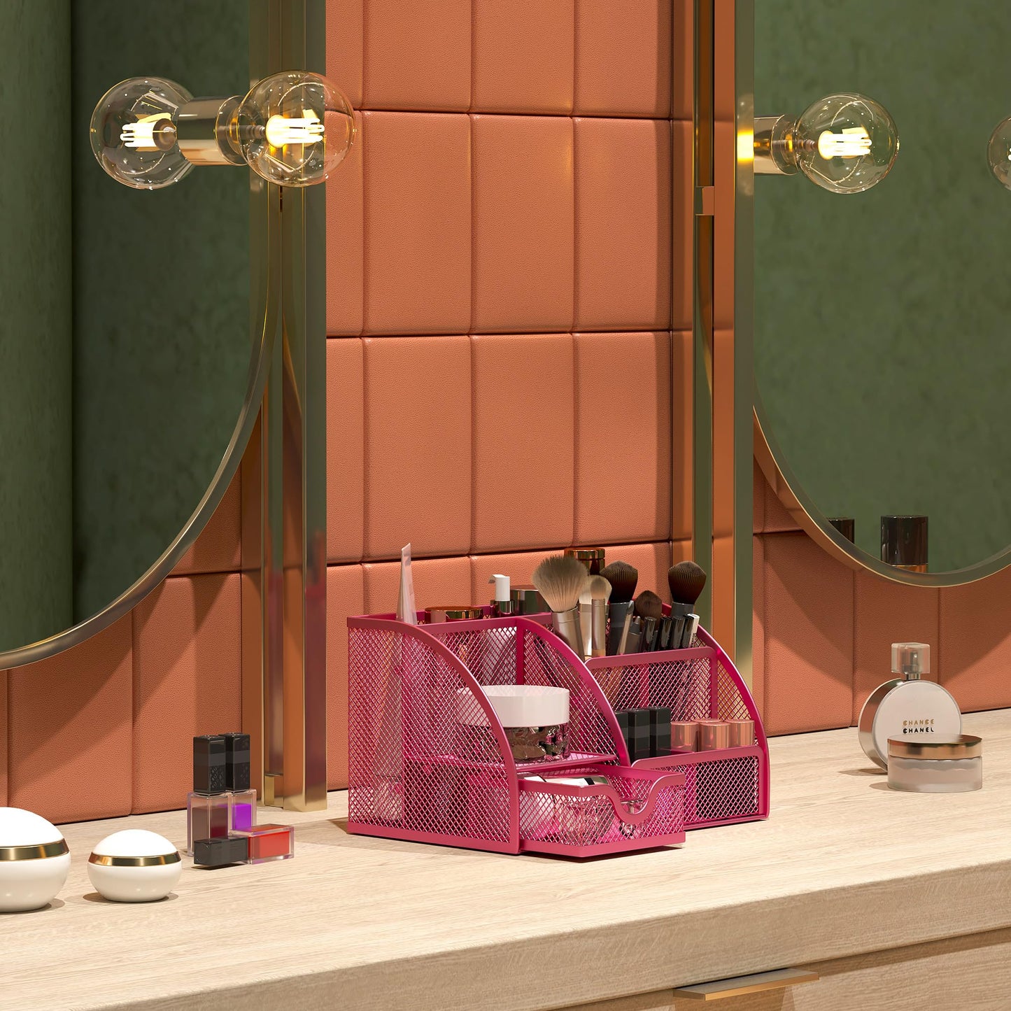 EasyPAG Mesh Desk Organizer with Drawer Multi-functional Pen Holder Stationery Organizer for Office School Supplies 6 Compartments Dorm Organizers and Storage for Desk, Hot Pink