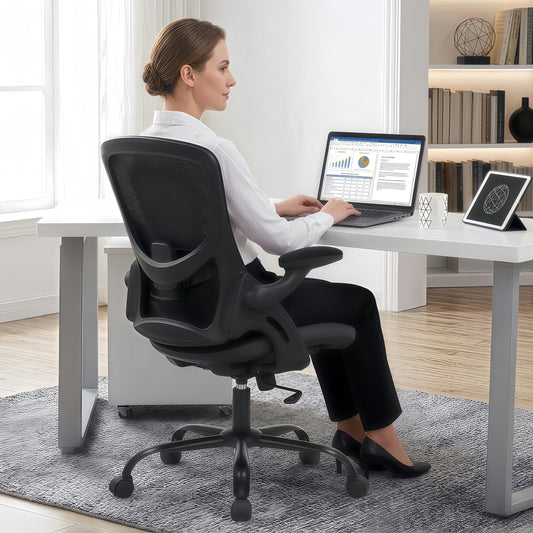 Ergonomic Office Chair with Flip-up Arms, Space Saving Mesh Desk Chair with Adjustable Lumbar Support & Headrest, Breathable Executive Computer Chair, Heavy Duty Swivel Task Chair 300LBS
