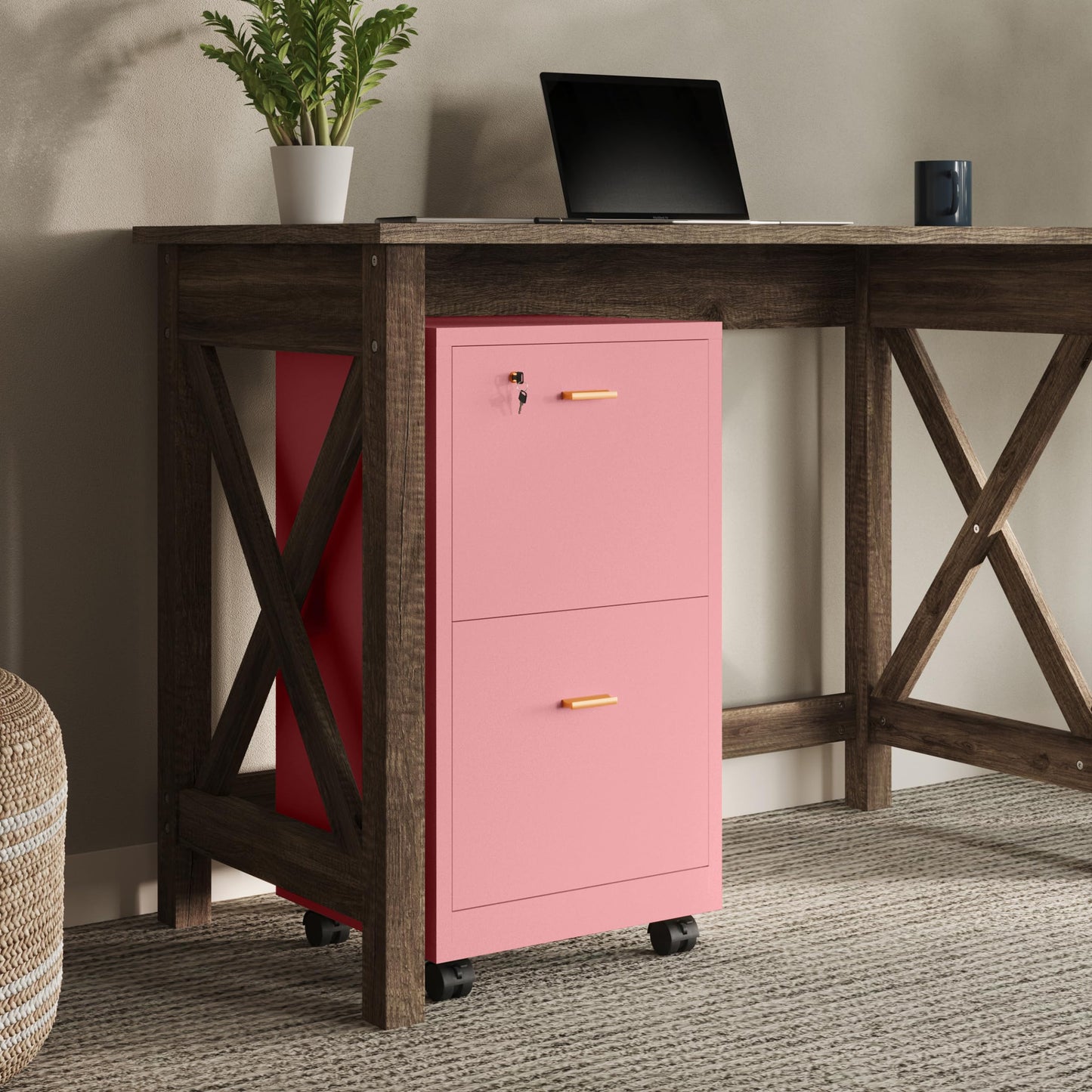 Lavish Home 2 Drawer File Cabinet - Filing Cabinet with Lock - Rolling File Cabinet for Under Desk Storage - Wood Filing Cabinet for Home or Office Organization (Pink)
