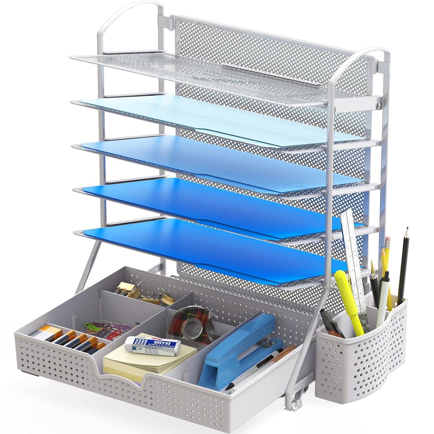 Simple Houseware 6-Tier Desk Document File Tray Organizer with Sliding Drawer, Silver