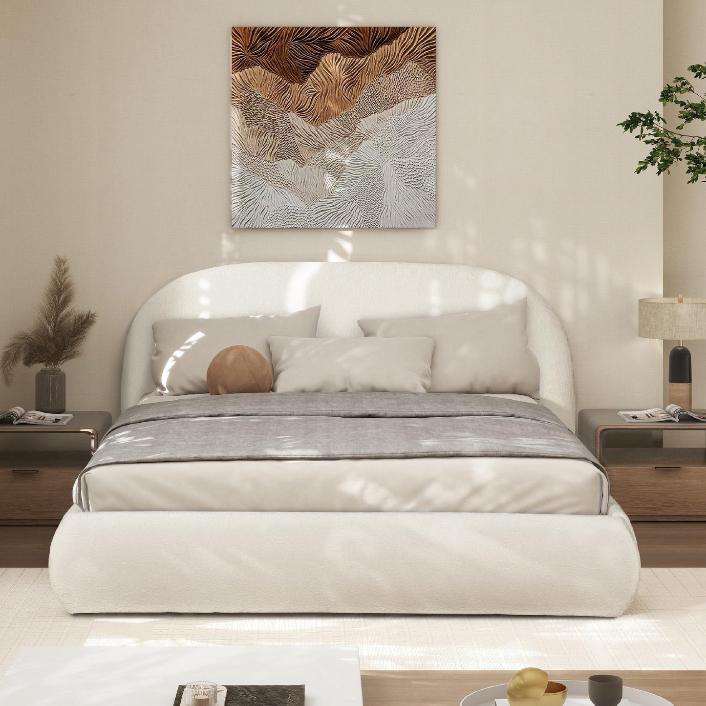 KOYVRY Grounded Bed Frame - Chenille White Bed Frames with Arch-Shaped Headboard and Wooden Slat Support, Upholstered Platform Bed for Bedroom, No Box Spring Required (Queen)