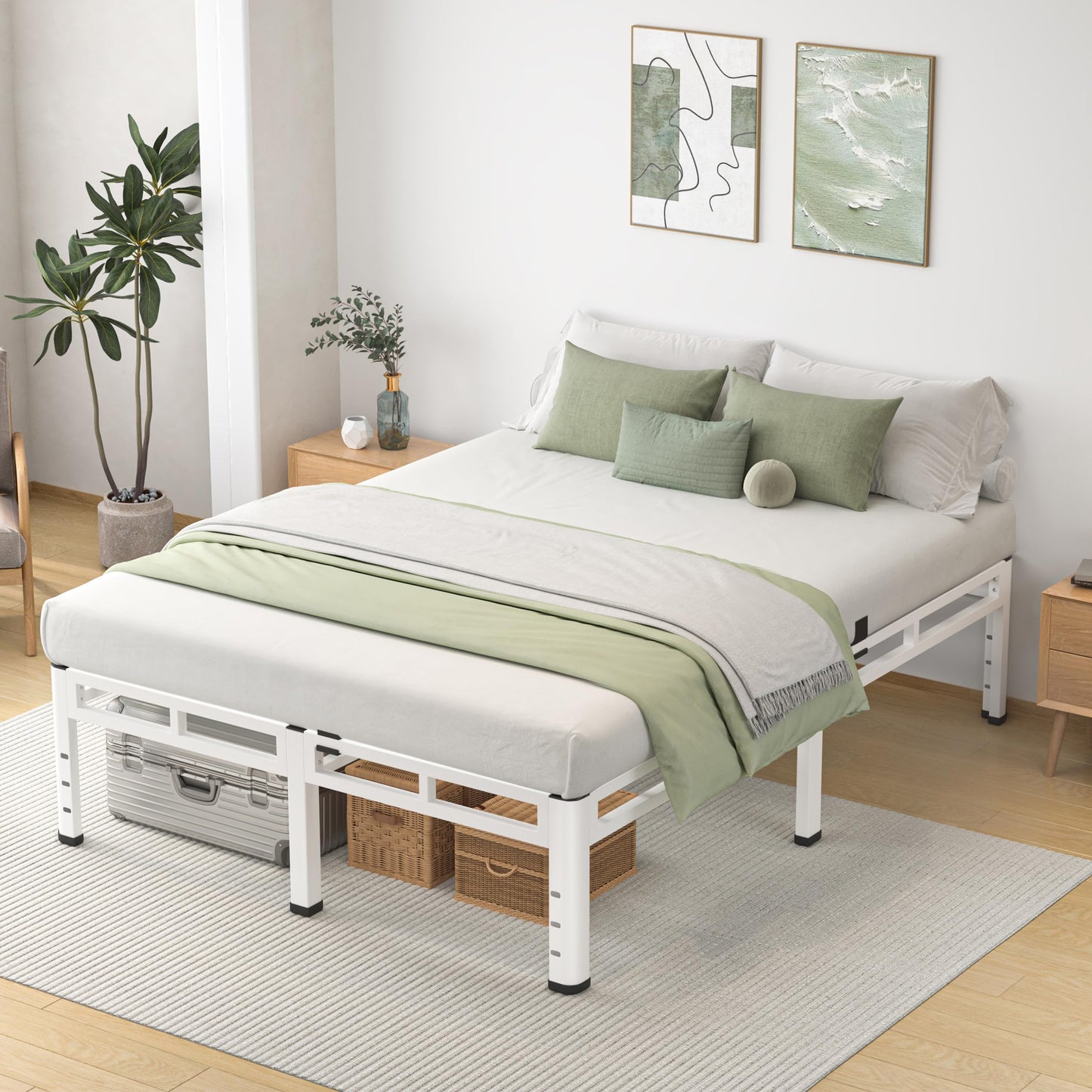 NKZ Full Size Bed Frame 14 Inch, Metal Bed Frame & Box Spring 2 in 1 Platform with Round Corner Legs, 4000lbs Weight Capacity Reinforced Metal Frame, Headboard Hole, Noise-Free, Easy Assembly