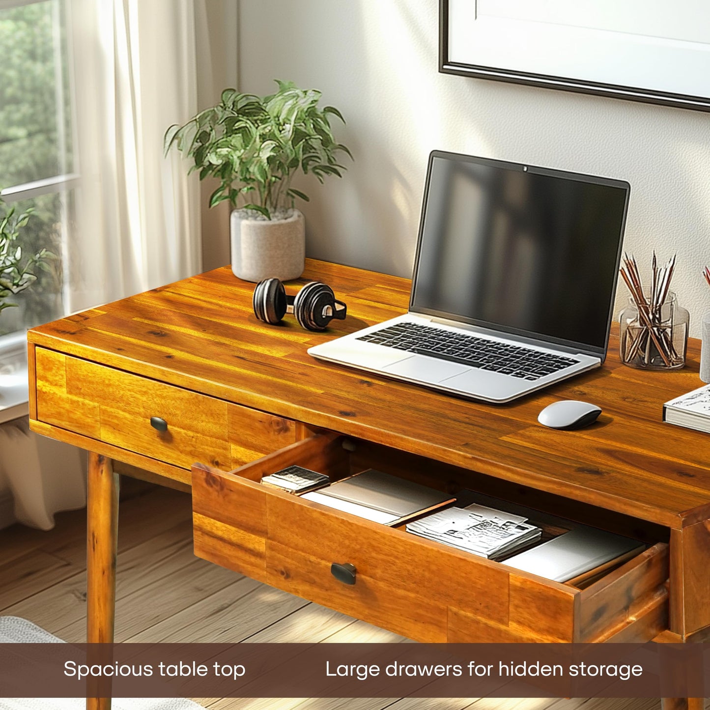 Acacia Lagom 48" Solid Wood Work Desk with Drawers, Office Furniture, Scandinavian Style Work Table for Home Office (Caramel)