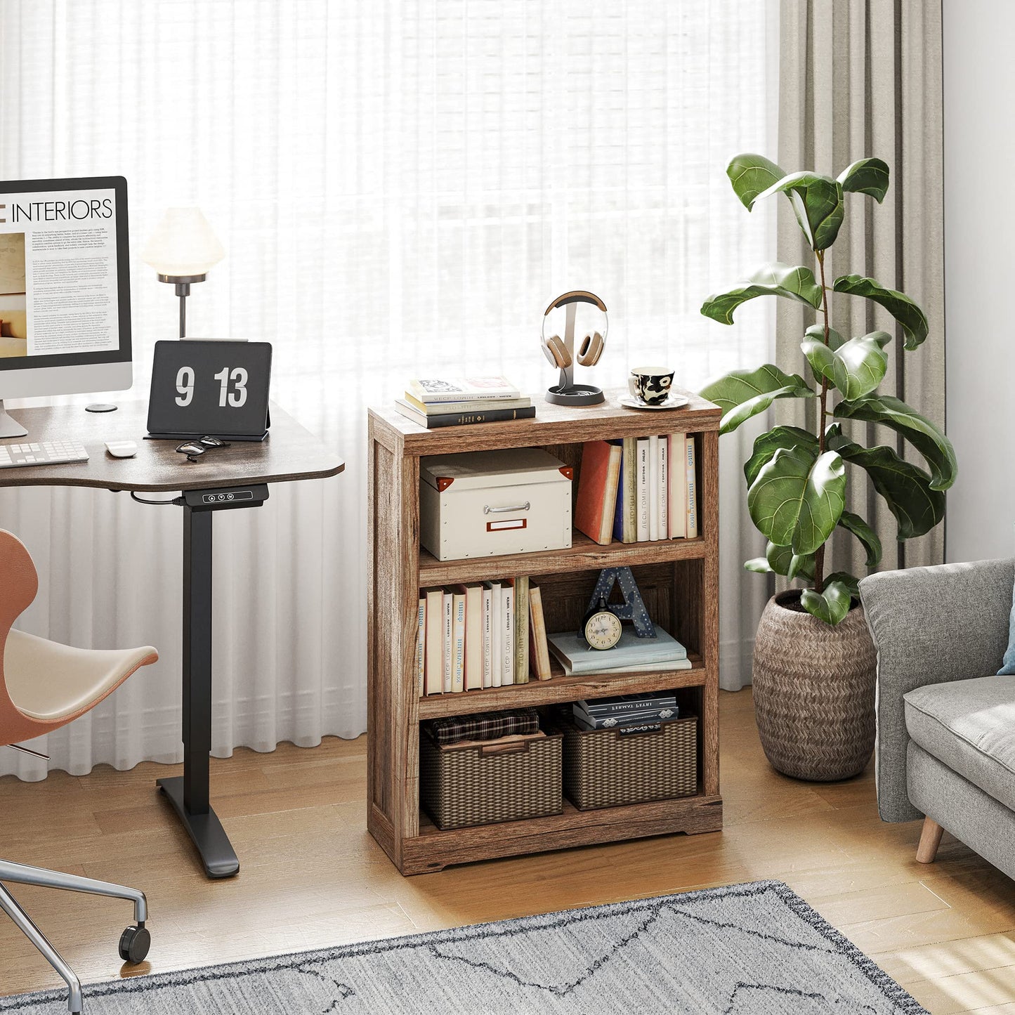 LINSY HOME 3-Tier Bookcase Display Storage Shelves Farmhouse Bookshelf for Home Office, Living Room, Bed Room - Dark Brown
