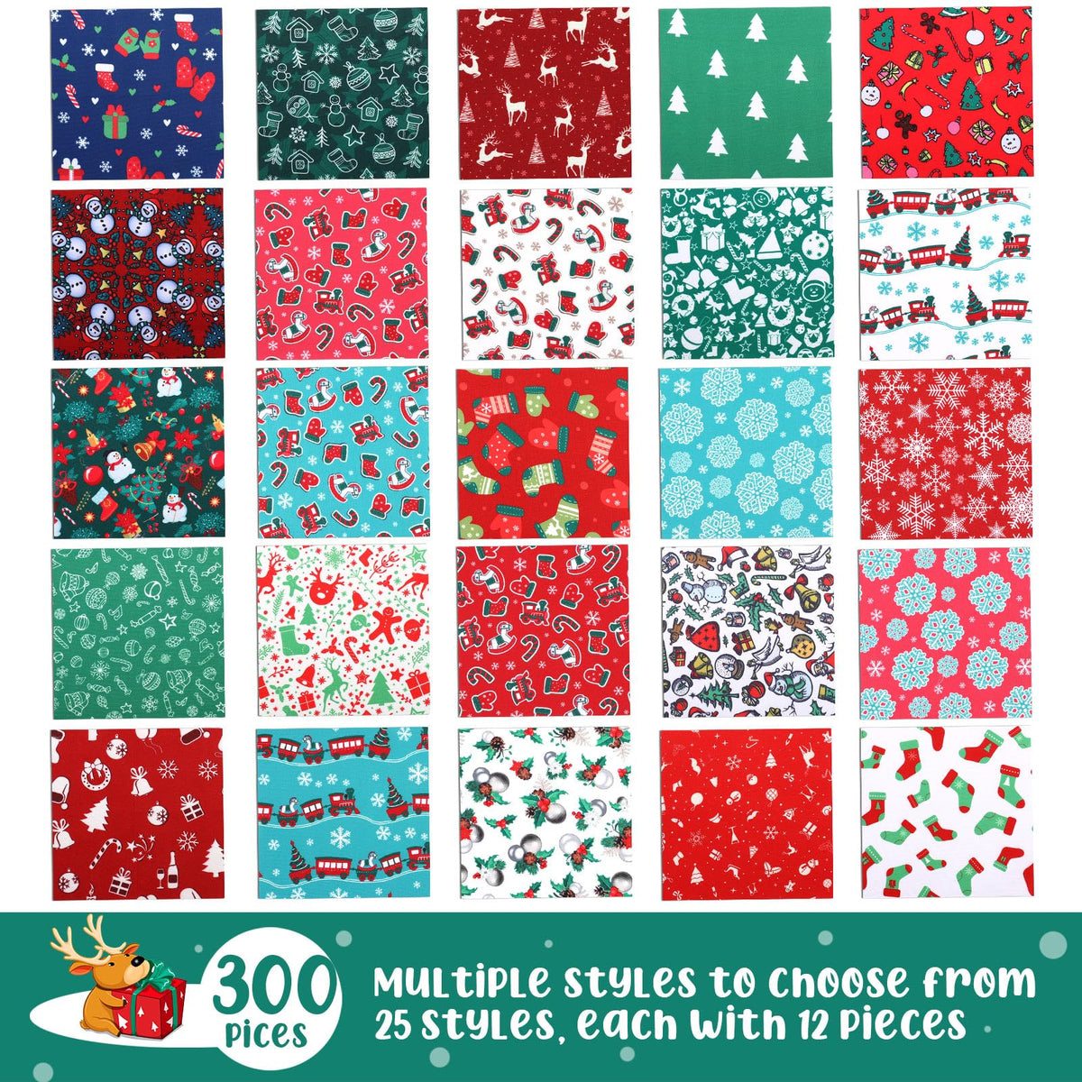 Preboun 300 Pcs 5 x 5 Inches Christmas Fabric Square Quilting Fabric Squares Bundle Sewing 25 Different Christmas Patterns Precut Polyester Patchwork for DIY Sewing Crafting Supplies