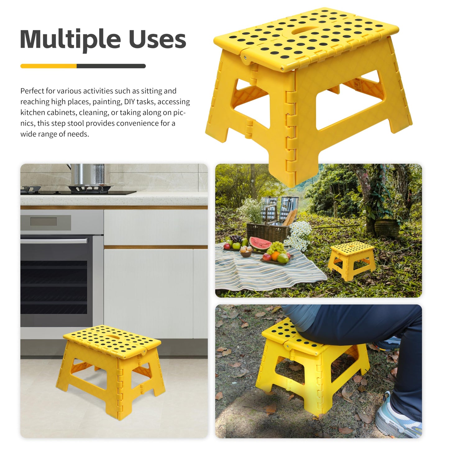 MaxWorks 51249 Folding Step Stool, 9 Inch Height, 330 lb Capacity, Heavy Duty Plastic Foldable Stool for Home, Bathroom, Kitchen & Office, Lightweight Non-Slip Design, Yellow, 2 Pack