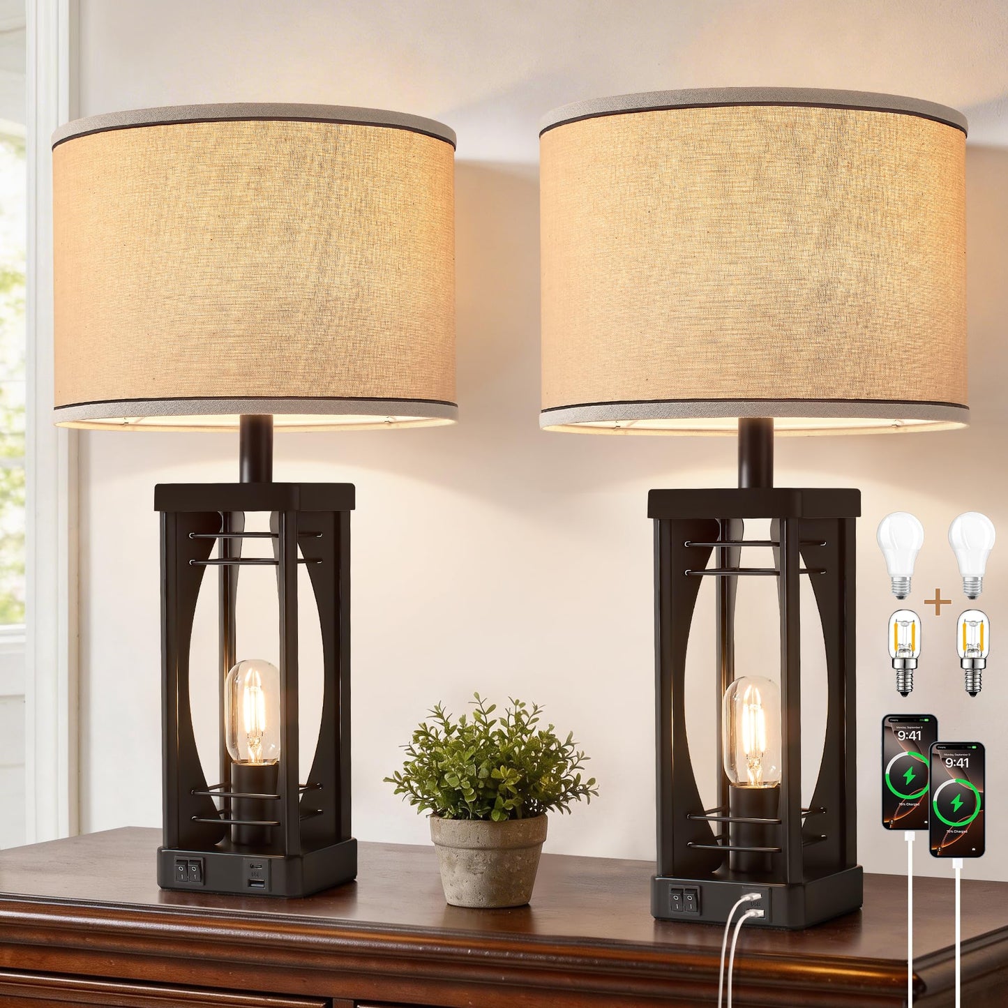 SRJJA Farmhouse Table Lamps Set of 2 for Living Room, Rustic Nightstand Lamps with USB A+C Charging Ports, 22.5" Dual Light Industrial Bedside Lamp with Linen Shade for Bedroom End Tables