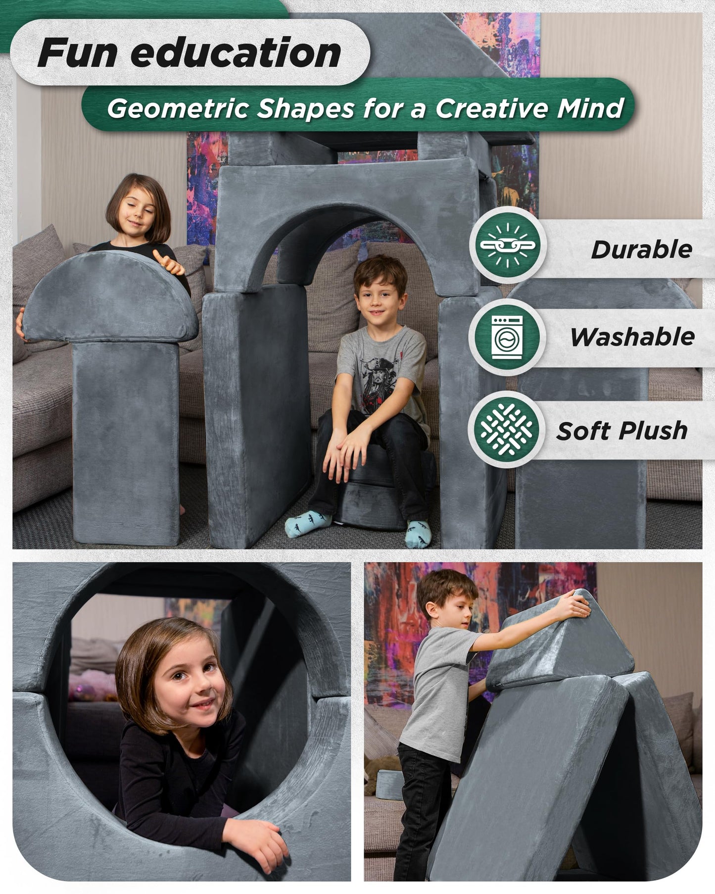 Lunix LX15 14pcs Modular Kids Play Couch, Design-Patent Child Sectional Sofa, Fort-Play Bedroom & Playroom Furniture for Toddlers, Convertible Foam, Washable Covers, OEKO-TEX & CertiPUR-US, Stone Gray