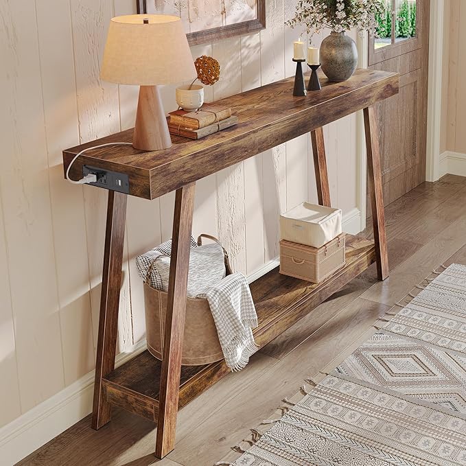 Huuger Console Table with Charging Station, USB-C Port, 2 Tiers Entryway Table