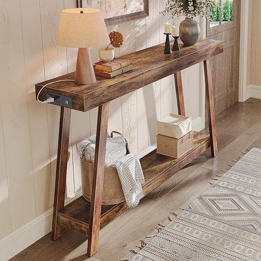 Huuger Console Table with Charging Station, USB-C Port, 2 Tiers Entryway Table