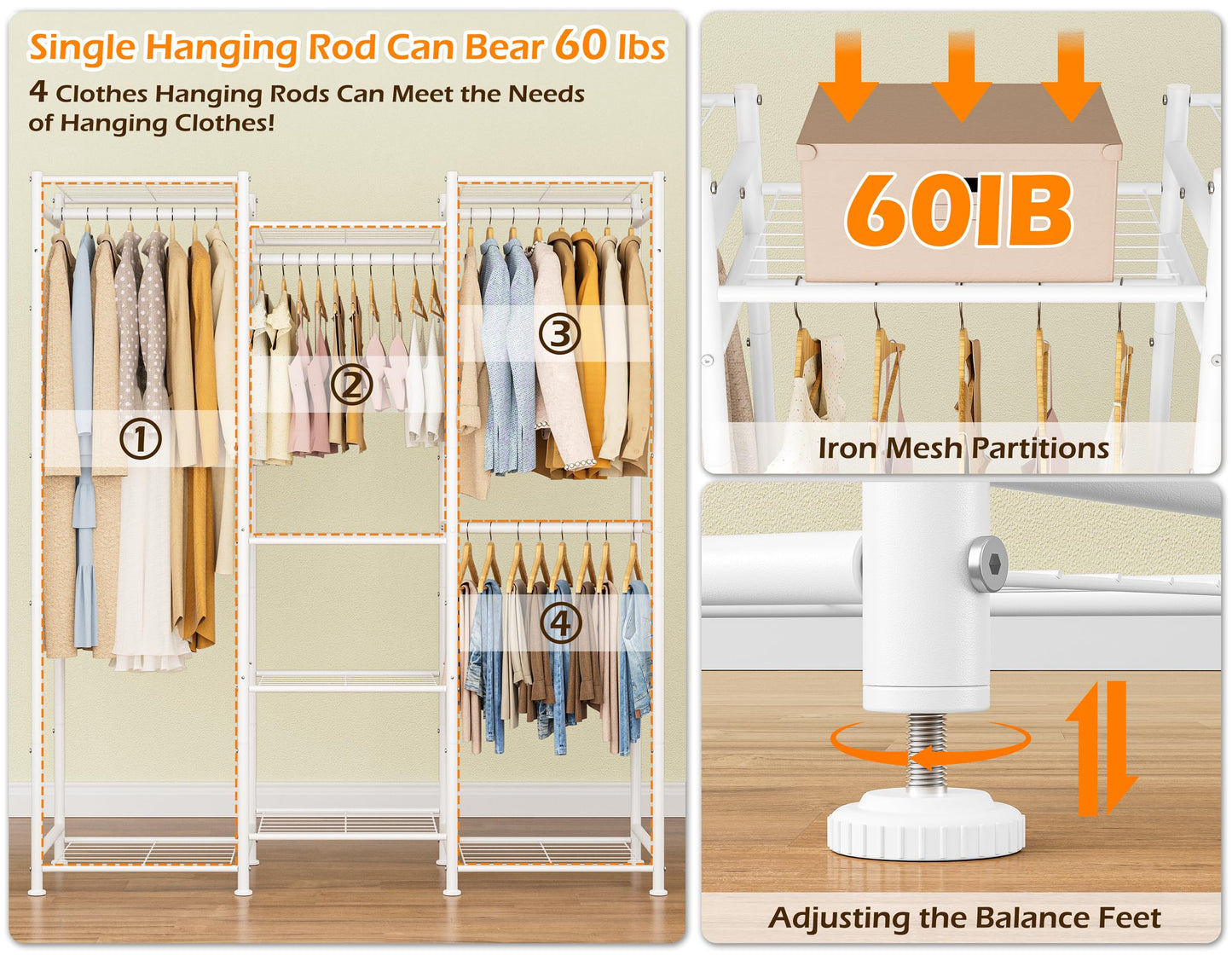 HOMIDEC Wardrobe Closet, 4 Hanging Spaces Portable Clothes Rack,Free Standing Closet Organizer and Storage System with Hanging Rods,Clothing Rack Suitable for Cloakroom,Bedroom,Entrances,etc.White