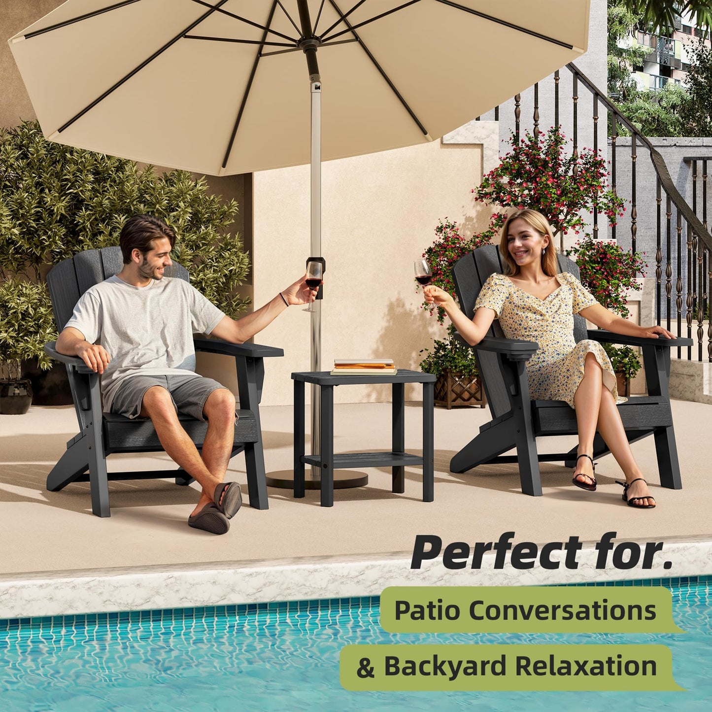 KAMABOKO Outdoor Side Table for Patio, 2-Tier Adirondack End Table 16" HDPE Waterproof Square Storage All-Weather Table for Lawn, Pullside, Beach and Indoor