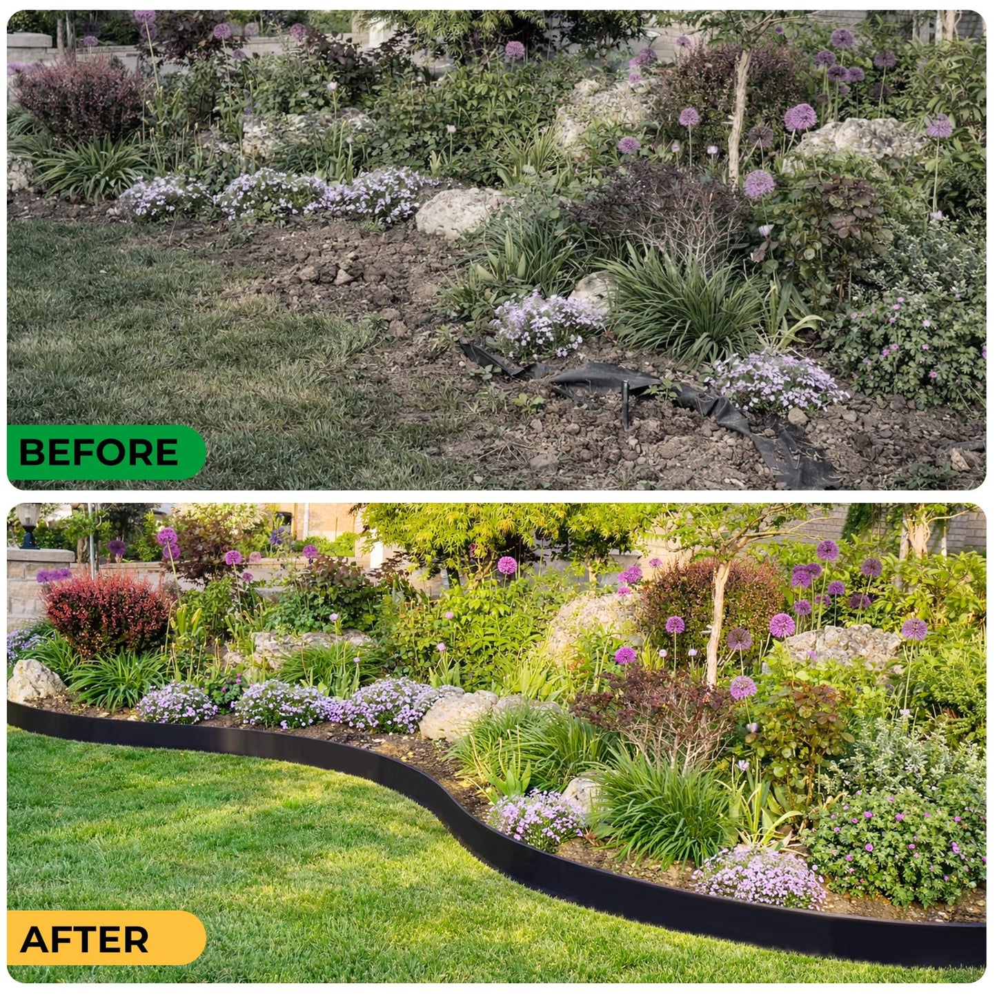 GOTGELIF Landscape Edging Border Kit No Dig, 3in x 40FT, Black Garden Edging with 45 U-Shaped Nails for Lawn, Flower Beds, and Yard Borders