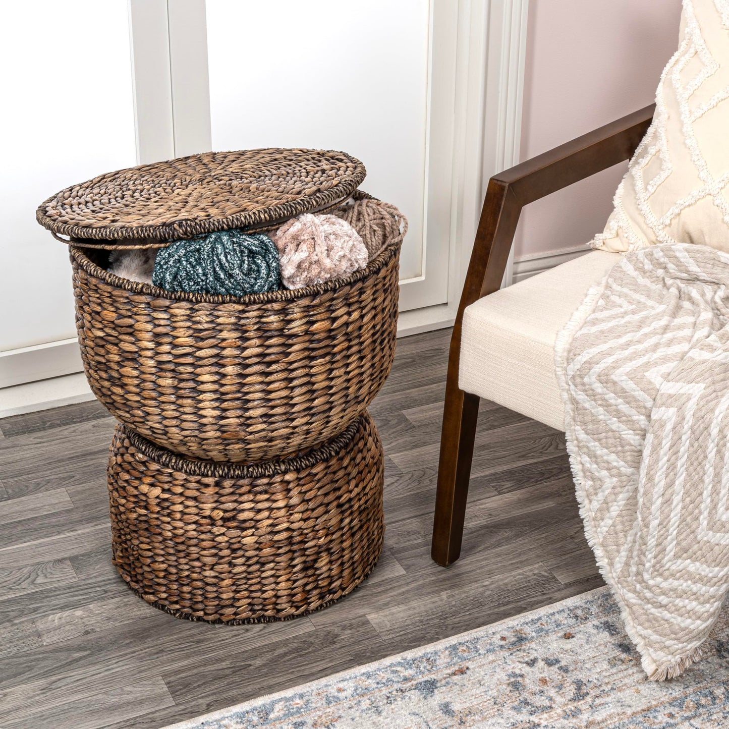 happimess SAT1000B Bhola 18" Hourglass Handwoven Hyacinth Storage Accent Table with Lid for Storage and Decoration in Bedroom, Living Room, Kitchen, Dining Room, Entryway, Guestroom, Brown Wash