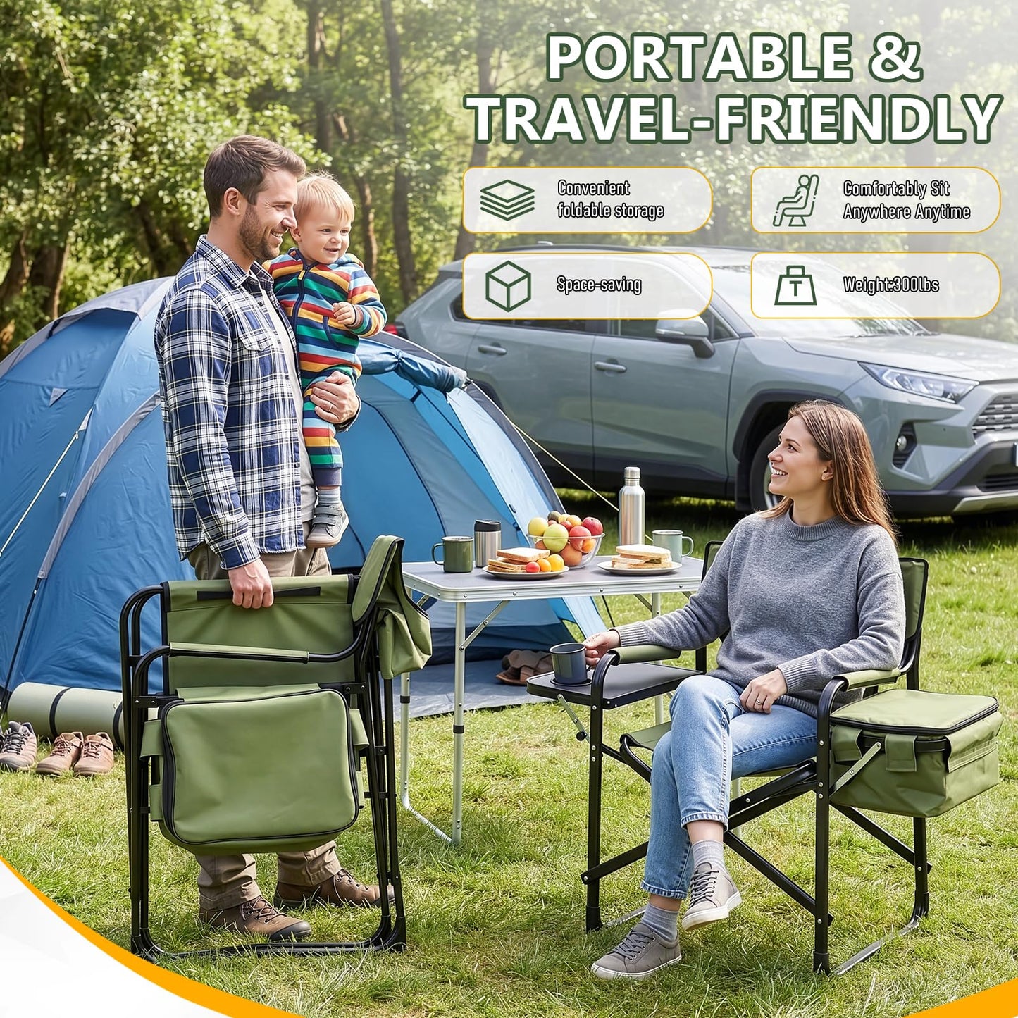 Outvita Heavy Duty Folding Camping Director Chair with Insulated Cooler Bag, Side Table & Cup Holder, 300LBS Sturdy Portable Chair for Camping Fishing Tailgating Backyard BBQ