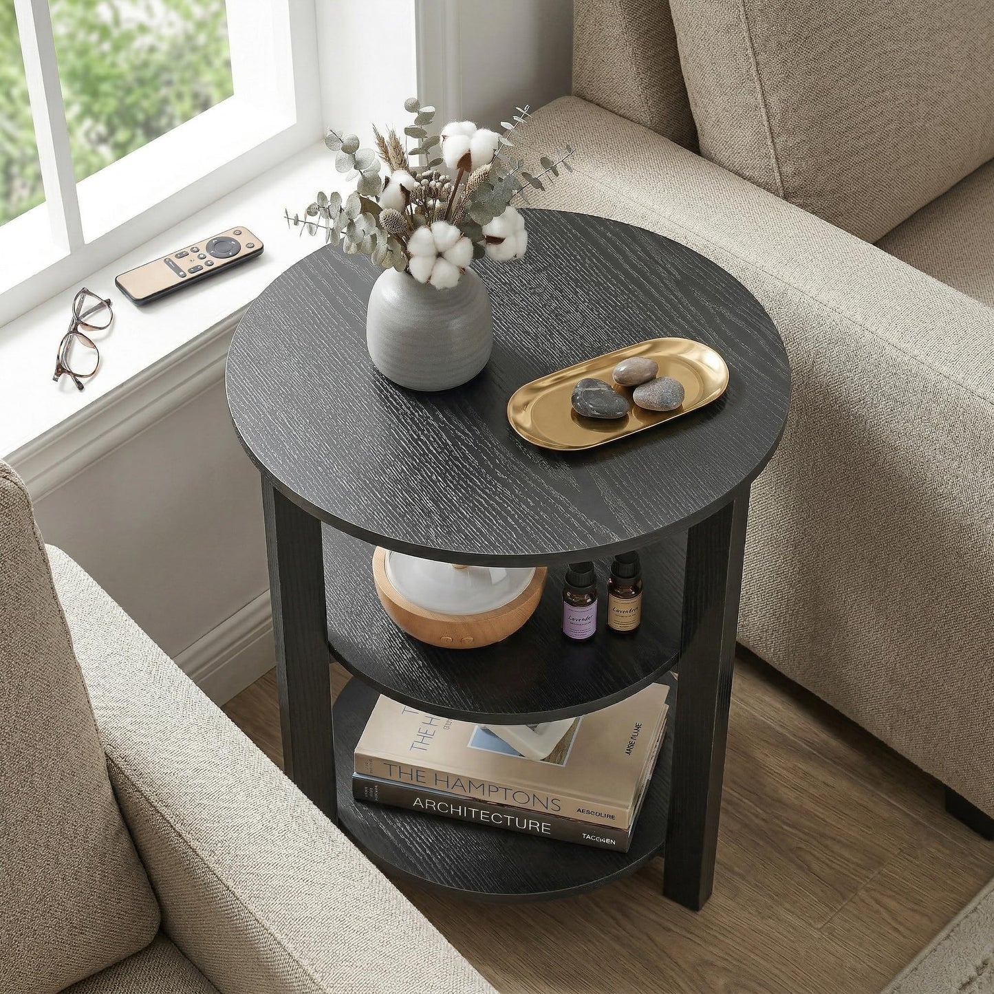 Farmhouse 3-Tier Round Side Table,17.7*21.7inch End Table with Open Storage,Modern Couch Accent Table Circular Nightatand for Living Room,Bedroom,Office,Wooden Table for Narrow and Small Spaces,Black