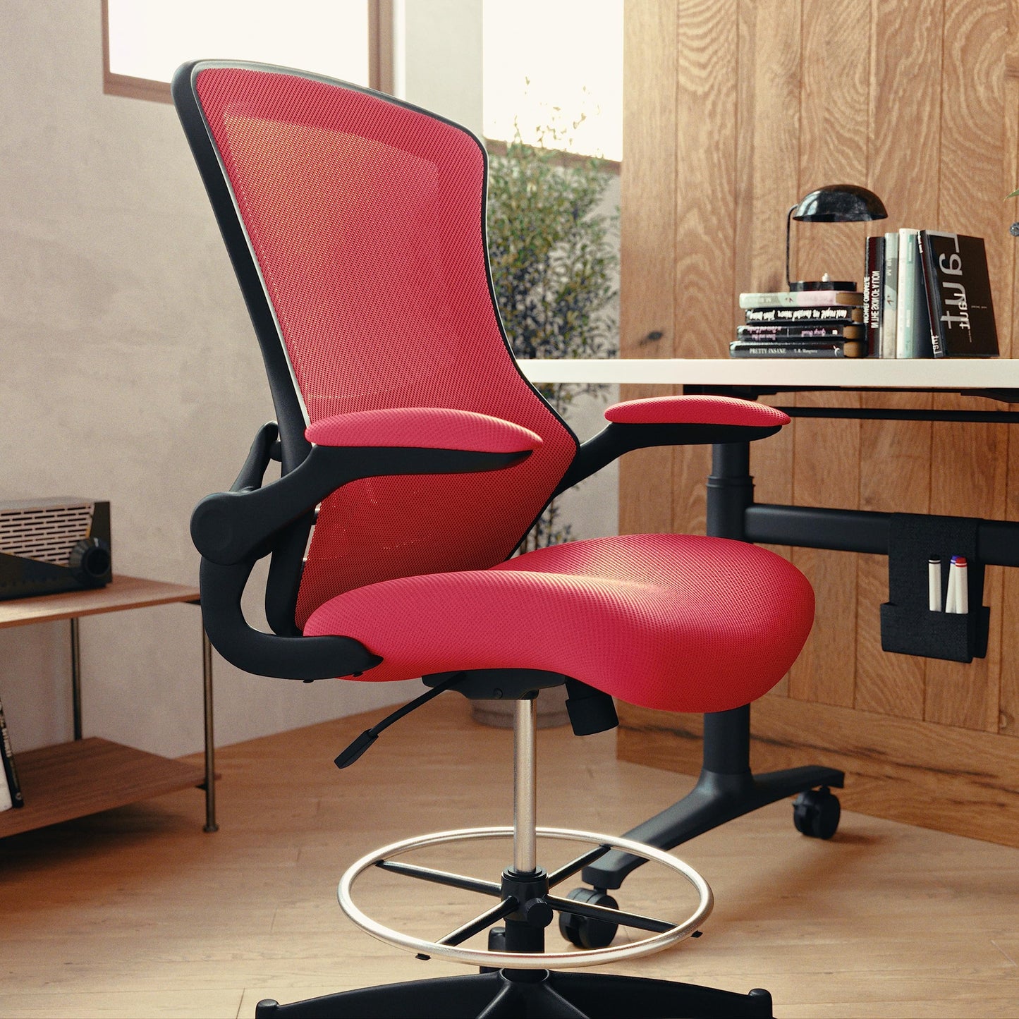 Flash Furniture Kelista Mid-Back Swivel Office Chair with Adjustable Seat Height, Ergonomic Mesh Desk Chair with Flip-Up Armrests, Red